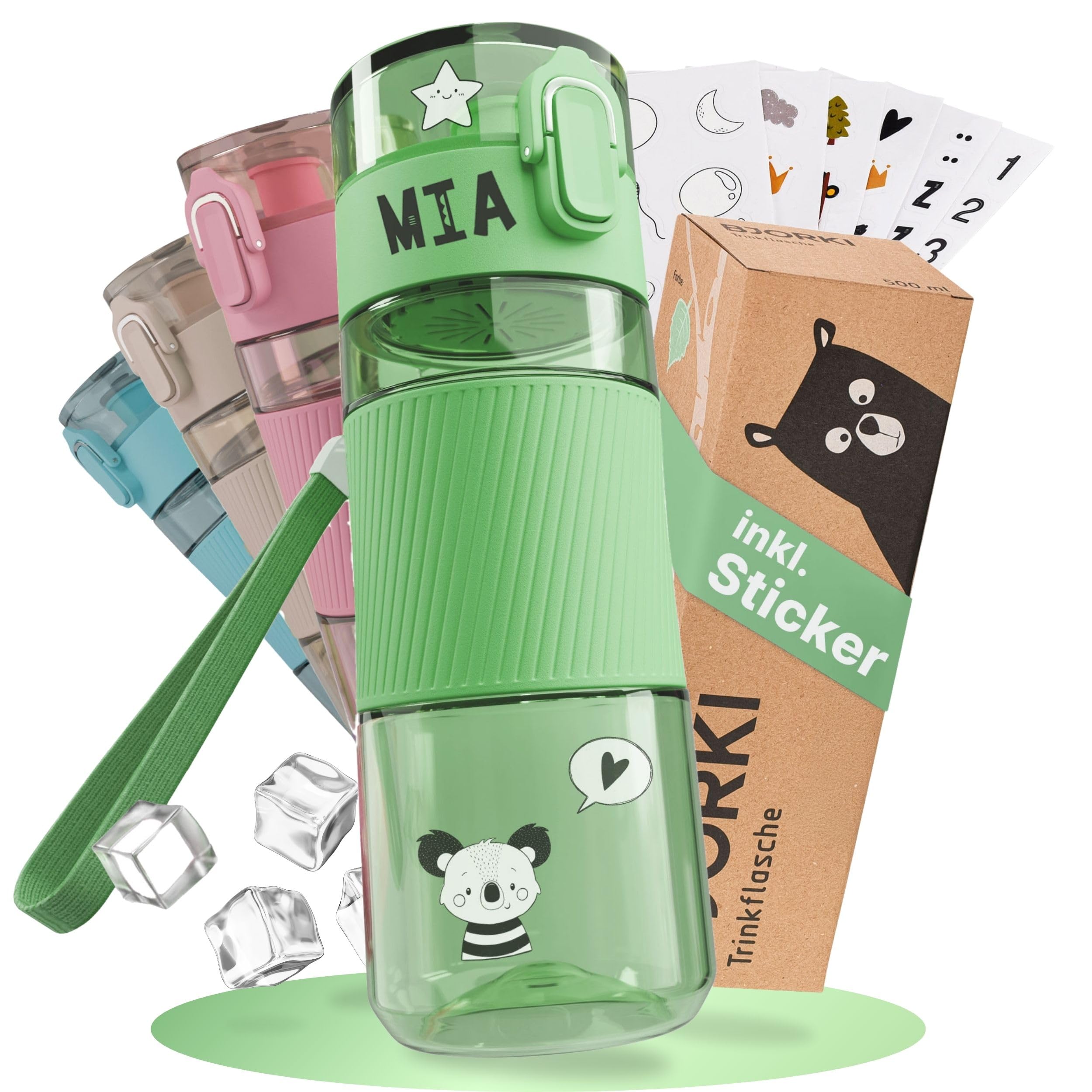 BJORKI Trinkflasche Kinder auslaufsicher 350ml inkl. BONUS Namenssticker – Kleine Trinkflasche für Kindergarten – Kohlensäure geeignet & Spülmaschinenfest – Robuste Water Bottle Kids