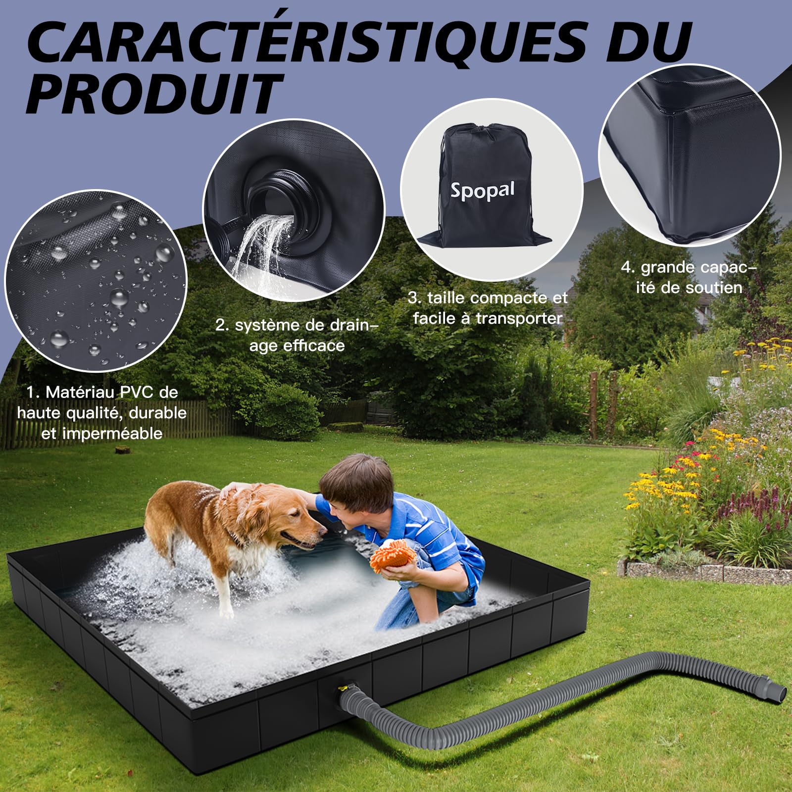Spopal Pliable Base de Douche,[Pliable-104x104x13cm] Bac de Douche Portable,Base de Douche Pliable et Sol de Lavabo avec Tuyau de Vidange Amovible, pour Camping-Car, Extérieur, Intérieur (Noir)