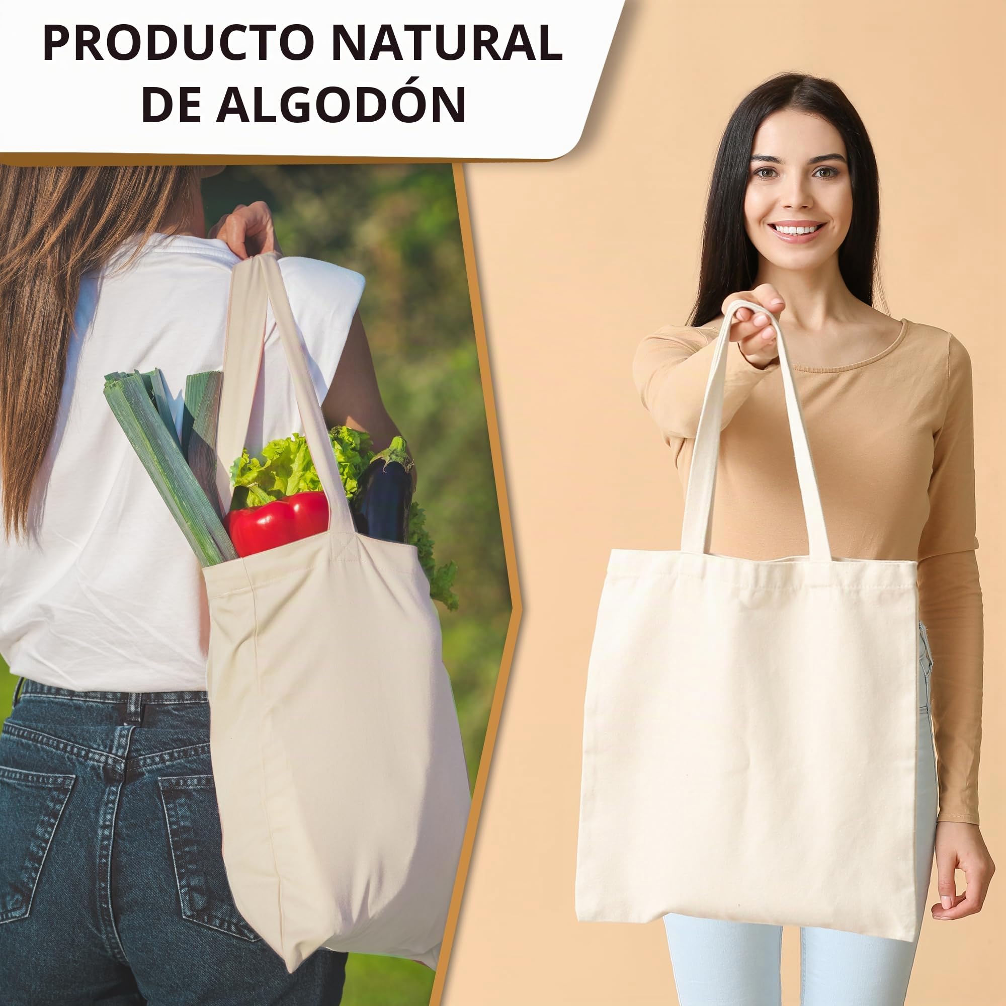 ELES VIDA Bolsa de Algodón 38x42 cm Con Dos Asas Largas, Sin Impresión para Transporte y Compra, Natural