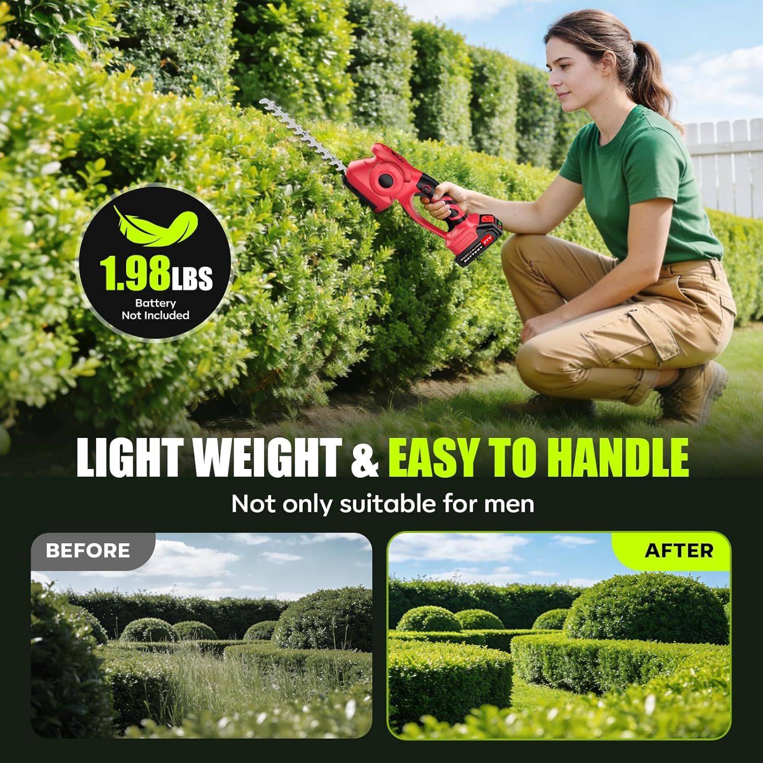 2-in-1 600W Cordless Hedge Trimmer, 21V Battery Operated Trimmer for Bush & Grass, Lightweight Garden Trimmer for Home Use