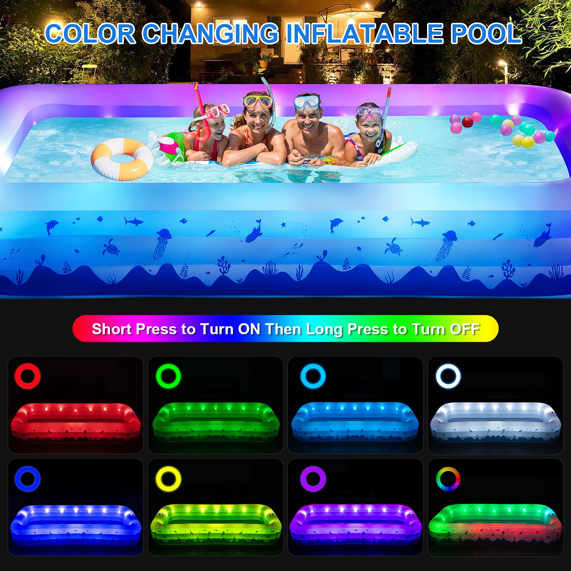Grandi piscine gonfiabili con luci, 368 cm x 188 cm x 56 cm, piscine gonfiabili familiari per adulti, piscina gonfiabile alimentata a energia solare per il cortile (pompa d'aria non inclusa)