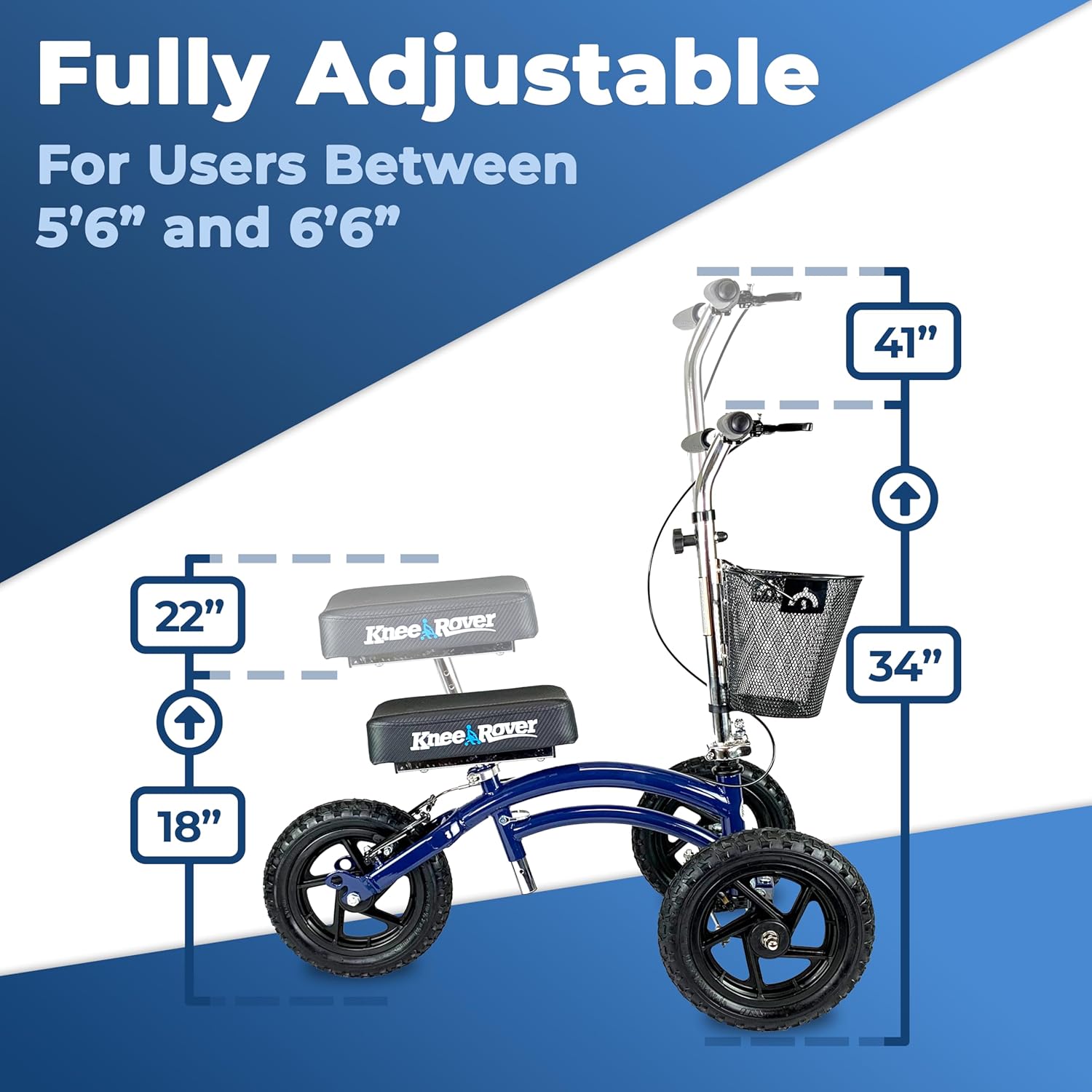KneeRover Original Steerable All Terrain Knee Scooter – Heavy Duty Foldable Knee Walker & Mobility Aid for Adults with Adjustable Handlebar and Large Wheels (Blue)