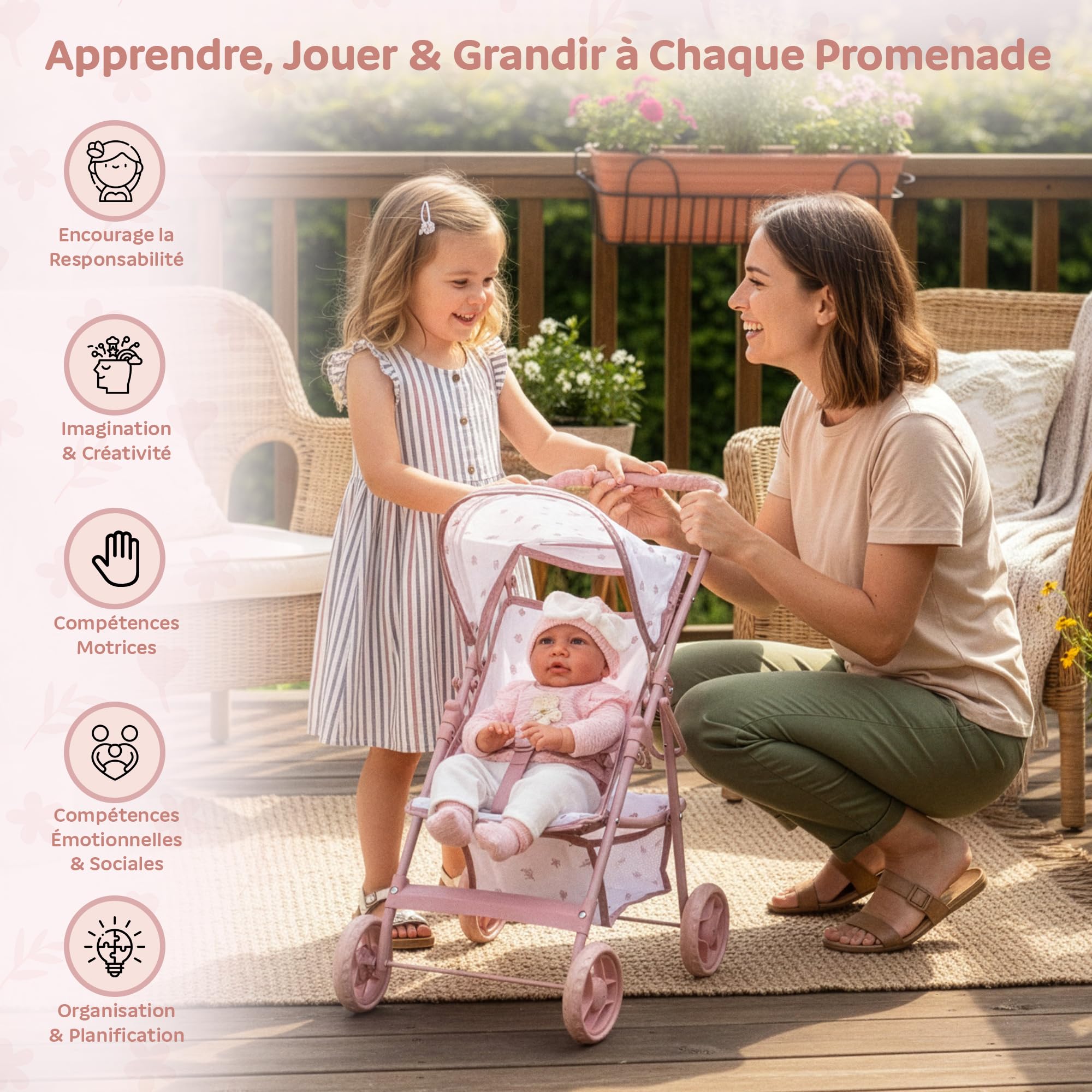 Kinderplay Poussette de poupée à partir de 3 Ans - Poussette légère et Pliable pour Fille avec Roues en EVA, Ceinture et visière - Poussette Jouet Rose