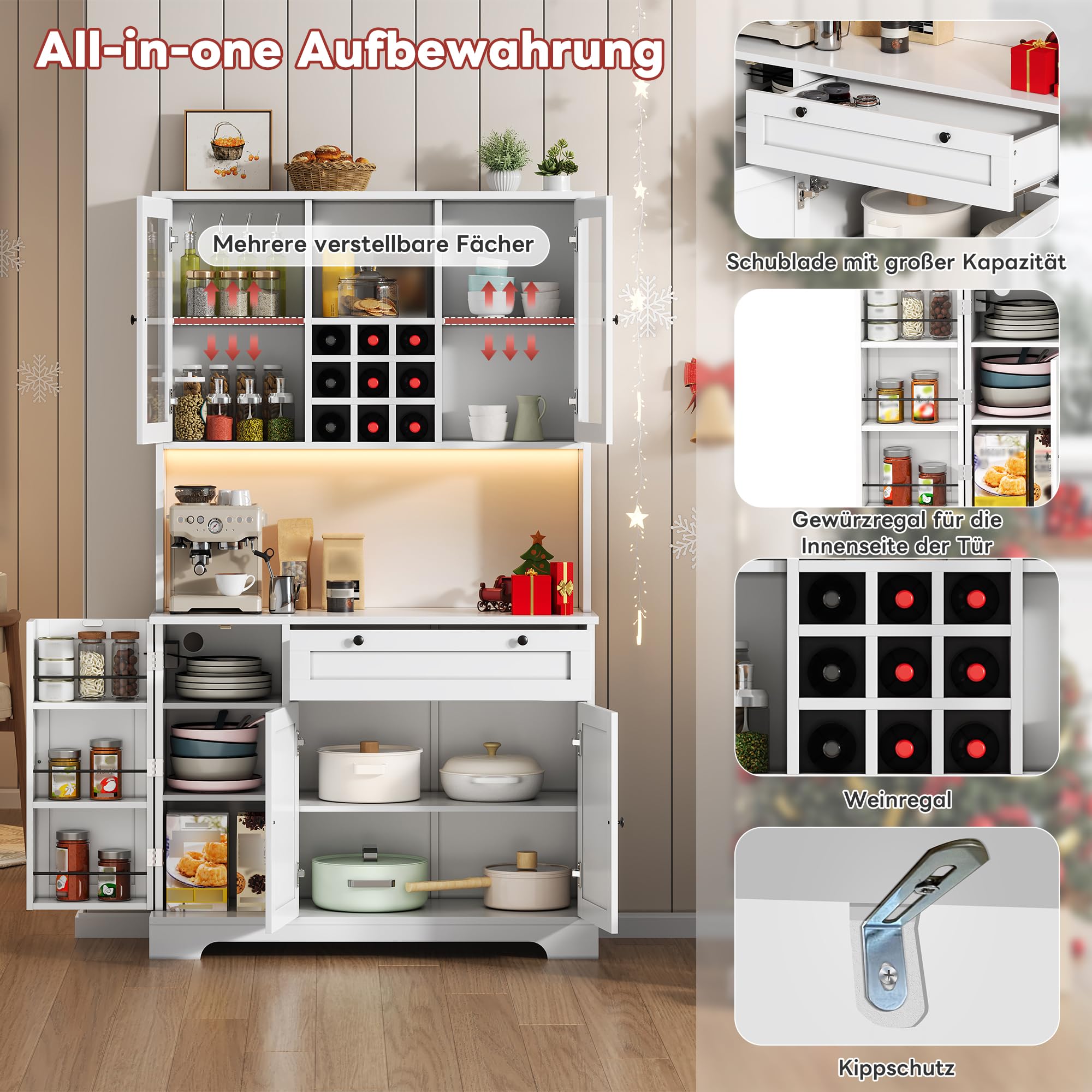 Merax Küchenschrank, Buffetschrank mit LED und Steckdosen, Küchenmöbel mit Schublade, Weinregal und Verstellbaren Ablagen, Sideboard, Küchenbuffet für Küche, Esszimmer, 105x40x180cm (Weiß)