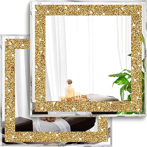 XIHACTY 2 Piece Wall Mirrors, Crush Diamond Mirrors Wall Decor, Gold Color Decorative Mirrors for Living Room Decor, Bedroom, Bathroom. (12”x12”)