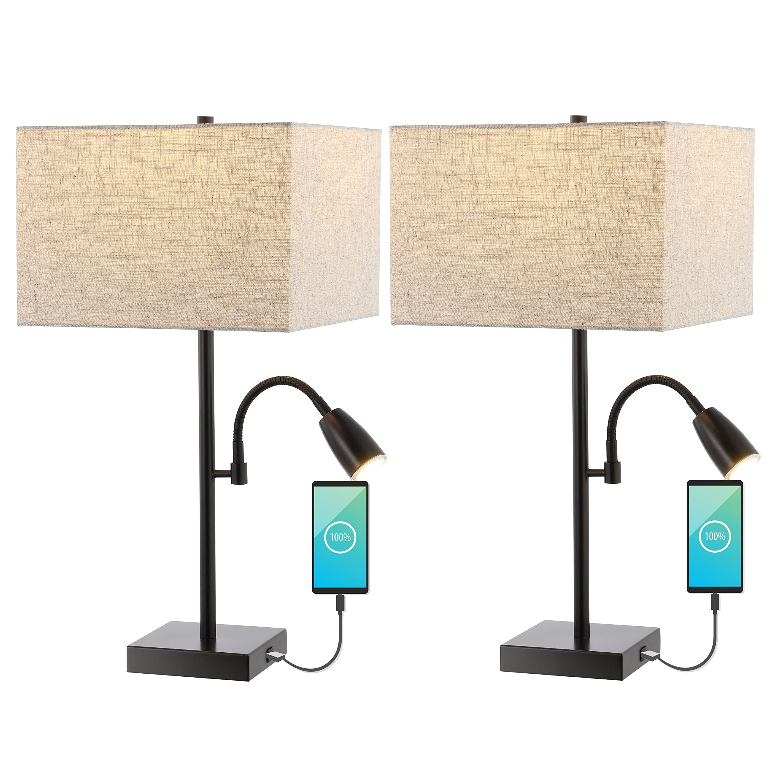 JONATHAN YJYL1112A-SET2 Austin 25.5" 2-Light Farmhouse Industrial Iron LED Table Lamp,USB Charging Port,Adjustable Reading Light Coastal,Minimalist Bedside Desk Nightstand,Oil Rubbed Bronze(Set of 2)