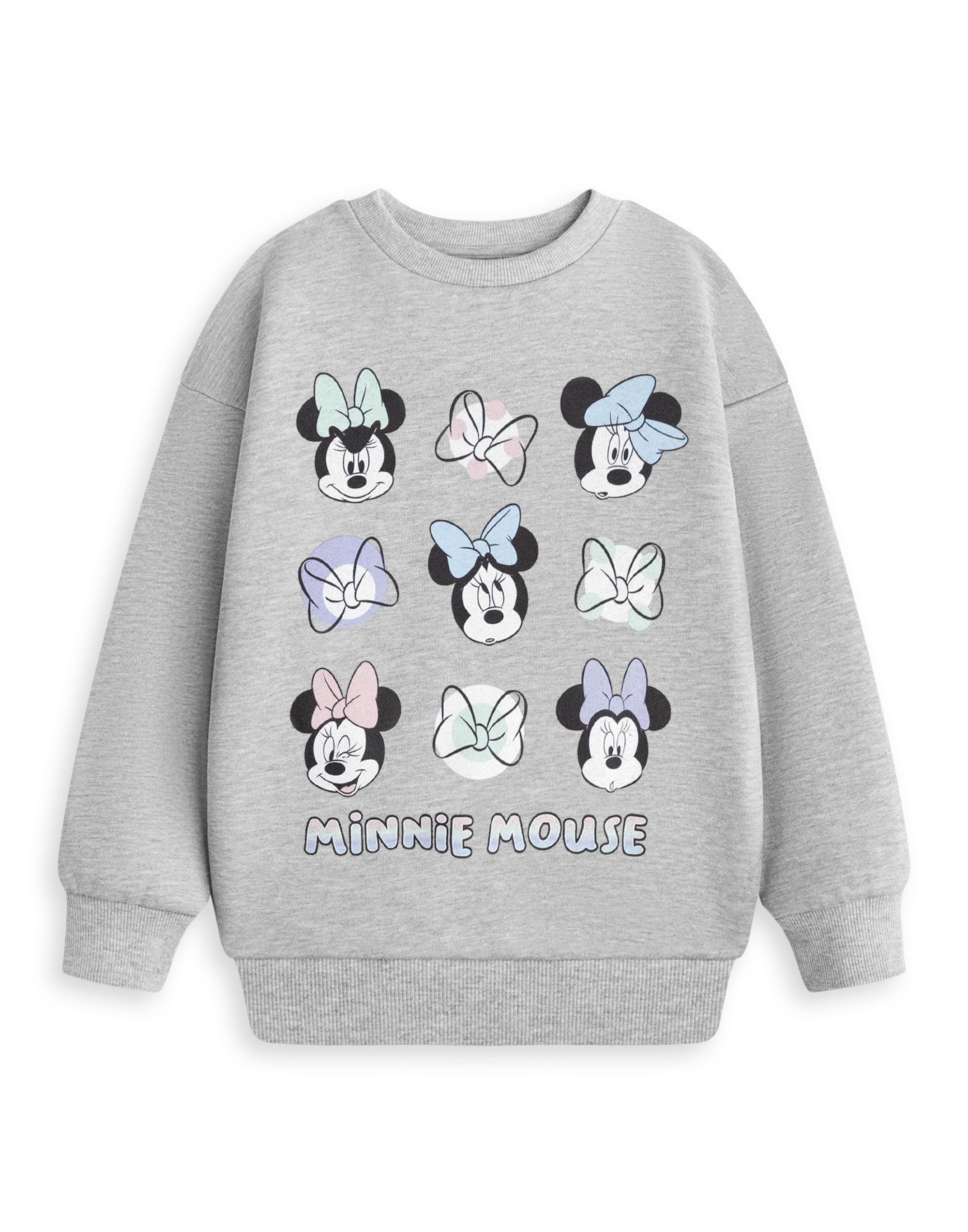 Disney Girls Grey Marl Minnie Mouse Grey Crew Neck Sweatshirt | Long Sleeve Pull-On Jumper With Bow & Character Graphic | Kids Cartoon Streetwear Top | School Loungewear Merch - 7-8 Years