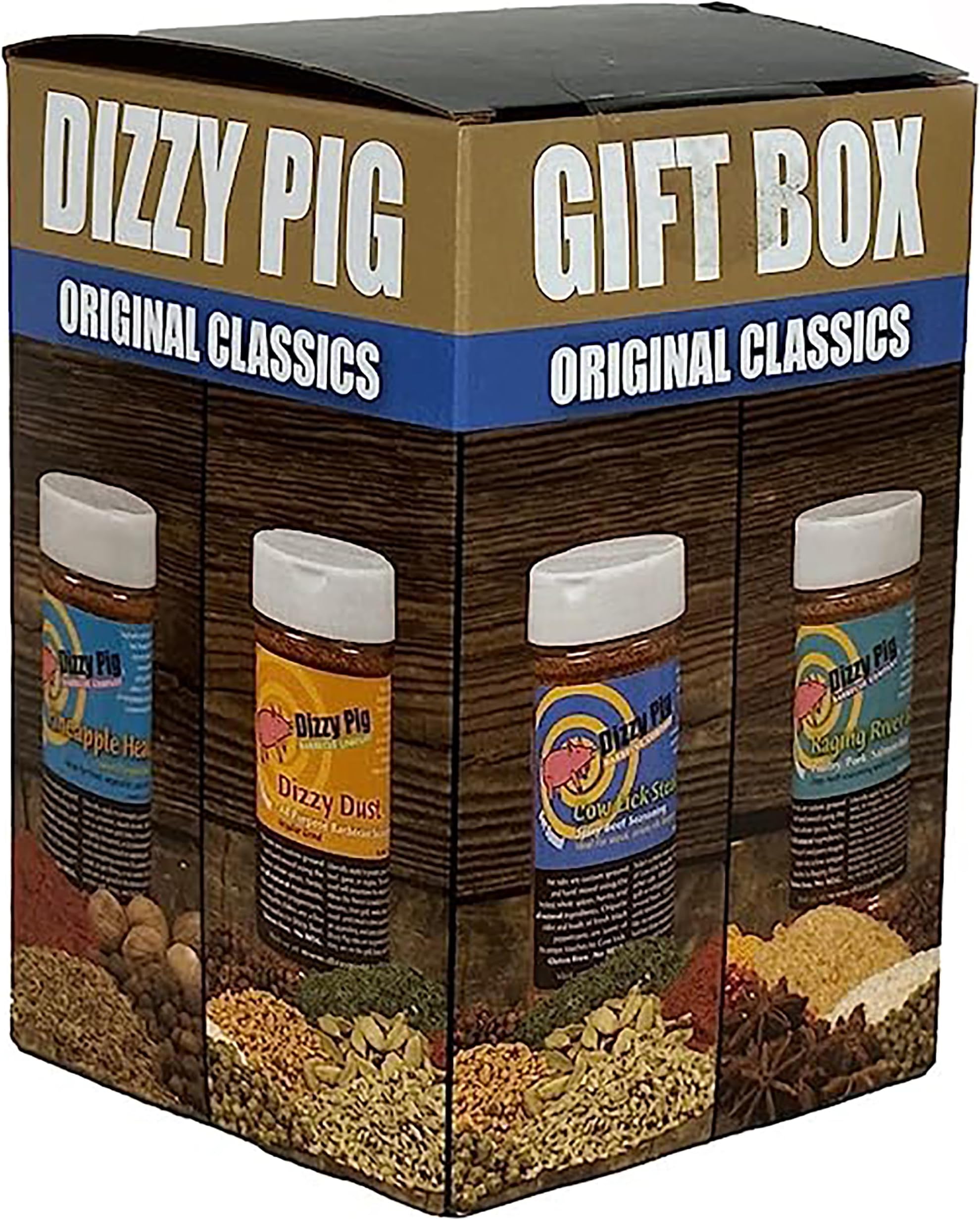 Dizzy Pig Original Classics Seasonings Gift Box | Dizzy Dust All-Purpose BBQ Rub, Cow Lick Texas Style Spicy Beef Rub, Raging River Salmon Rub & Pineapple Head Savory Sweet Tropical Rub