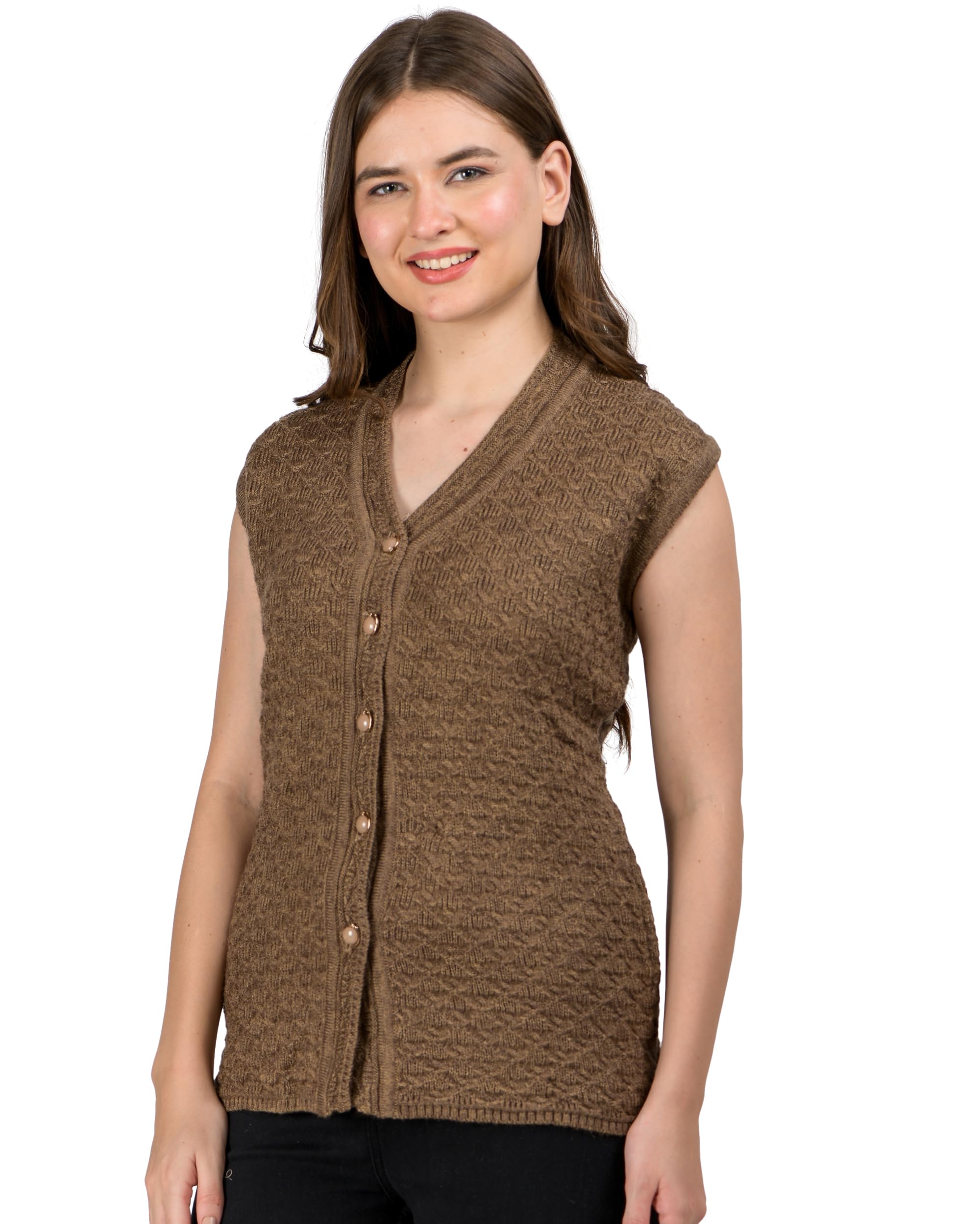 lady willington Women's Wool V-Neck Cardigans (PUREWOOLRAINBOWSEMIHALFSLEEVECOTTY_Coffee_M)-picture-10