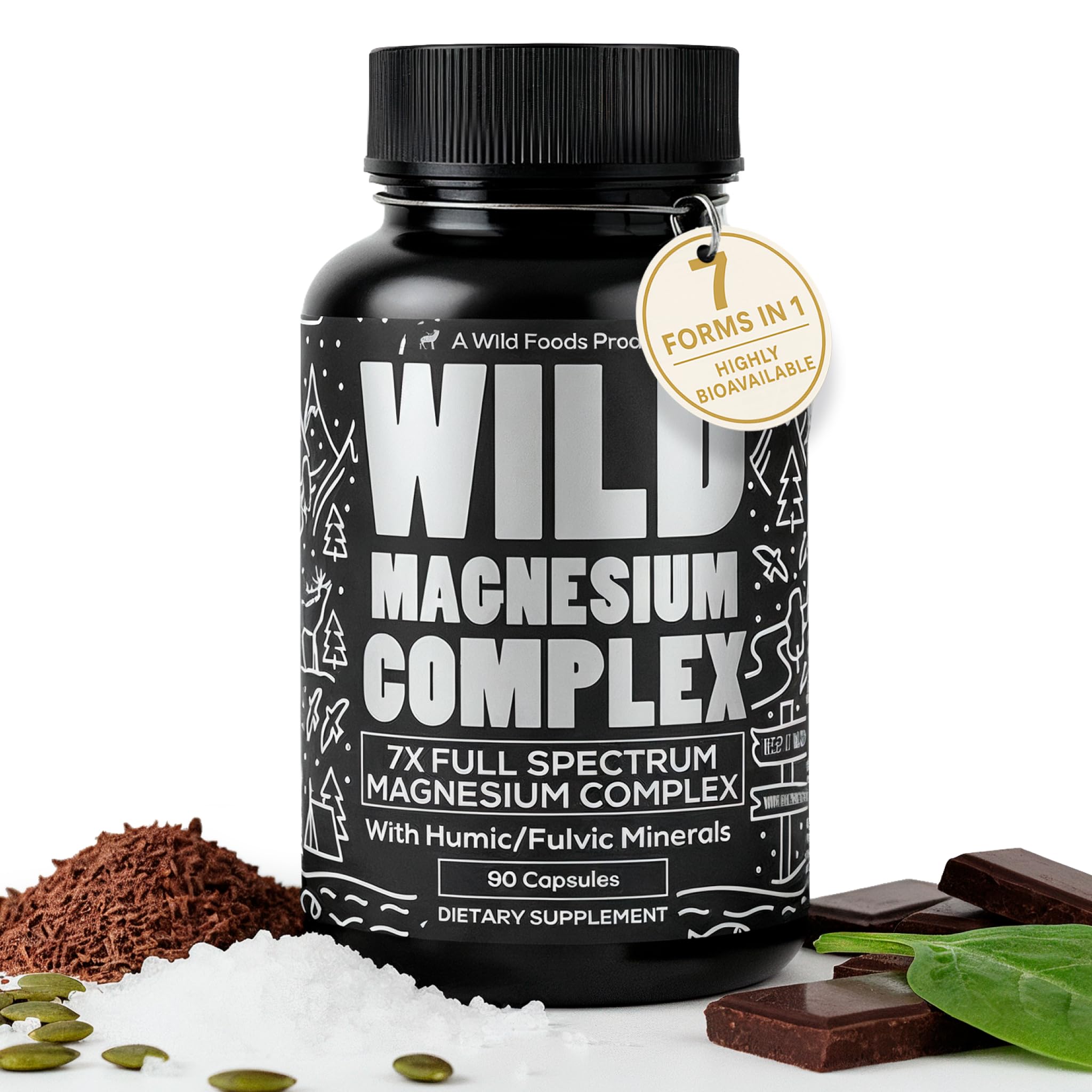 Wild Foods Magnesium Complex Supplement with 7X Forms, 90 Capsules | High Absorption, Full Spectrum, Easy Digestion | 500mg Glycinate, Bisglycinate, Malate, Orotate, Citrate, Taurate