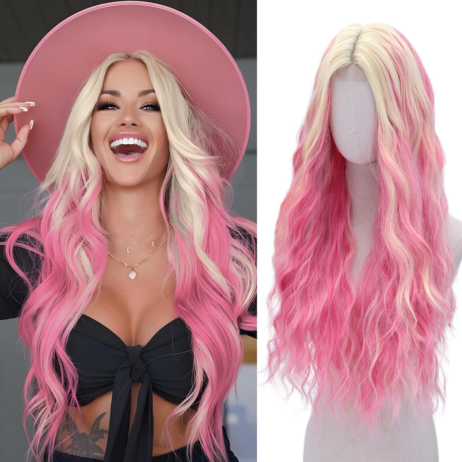 Pink and Blonde Wig-Long Pink Blonde Wigs For Women Synthetic Wig 28 Inch 28 Inch Pink Blonde