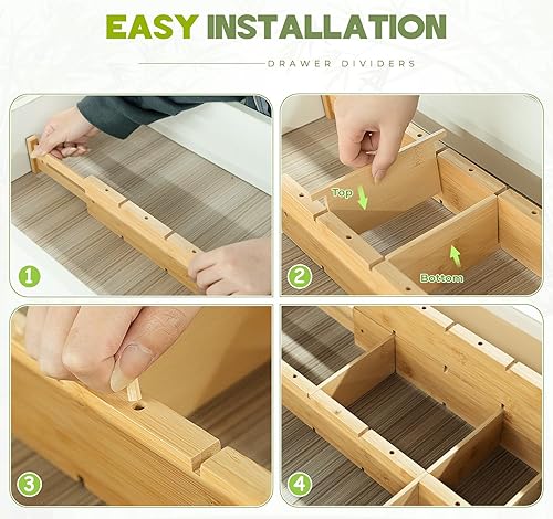 Miniatura 7 de Separadores de cajones de bambú, 4 piezas con insertos, organizadores de cajones de utensilios de cocina expandibles, organizador de cajones