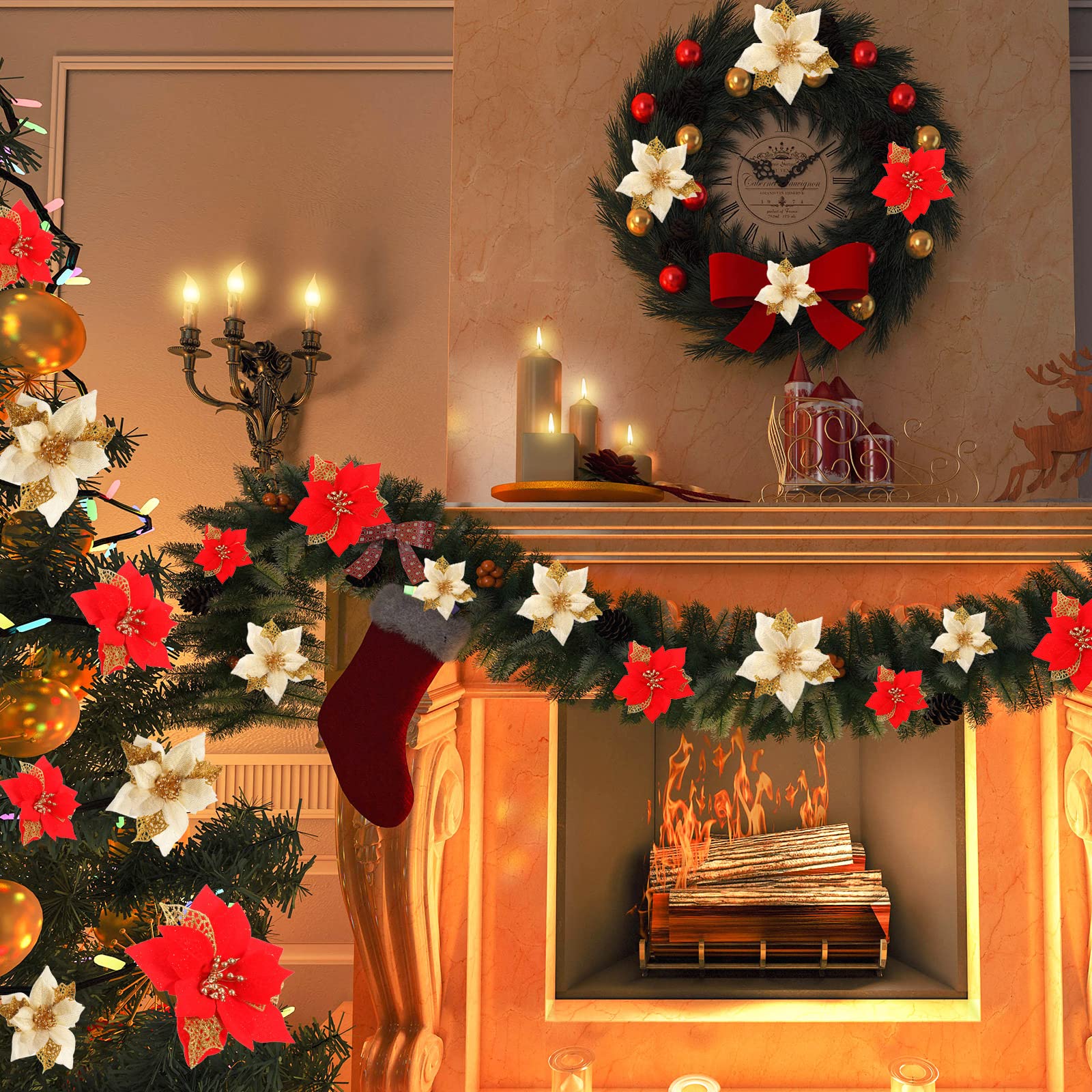 Homcomodar 4 Bouquet 7 Heads Poinsettia Artificiel Fleurs de Noël Rouge Faux Poinsettia Ornements Fleur Interieur pour DIY Guirlande Fête Maisons Vacances Décoration