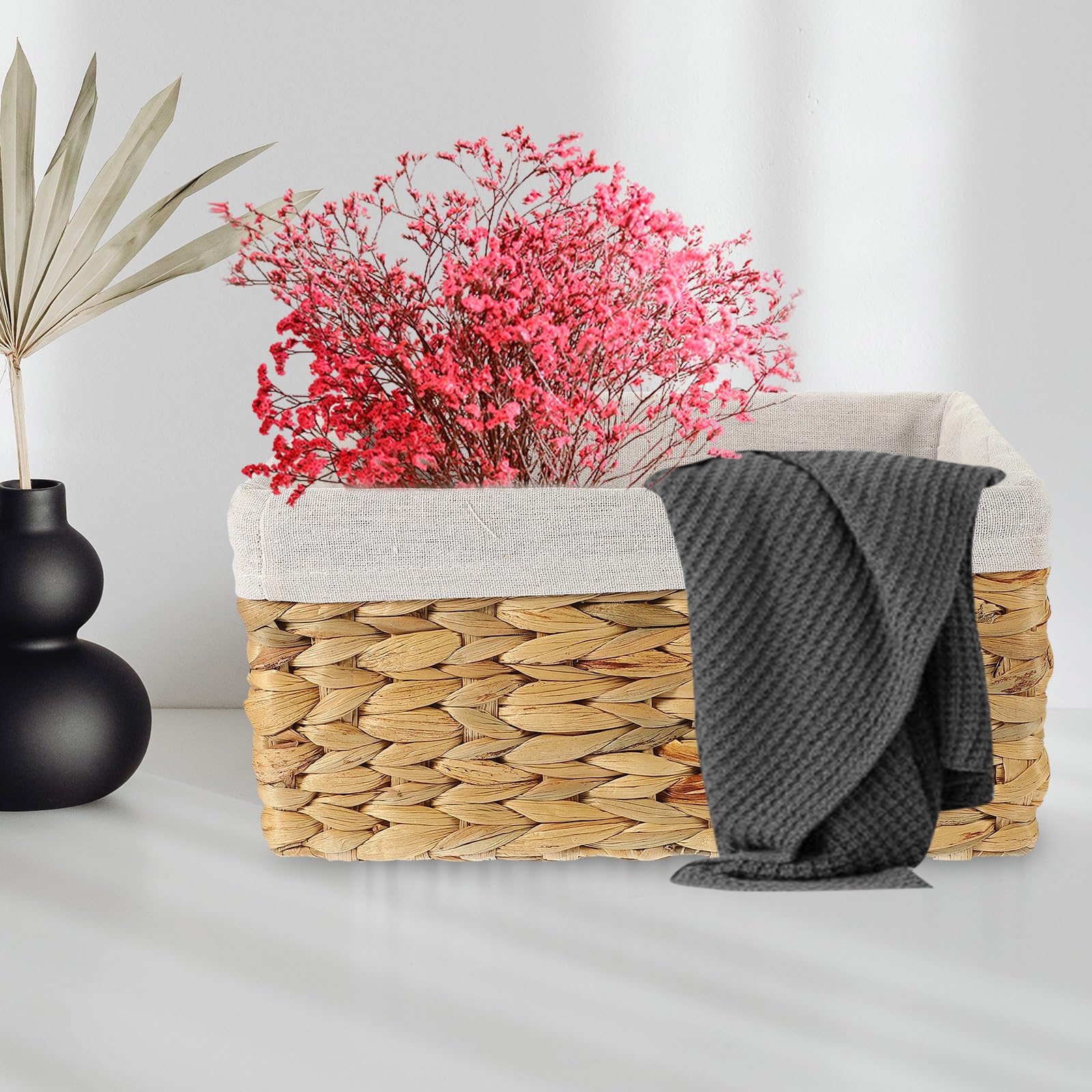 Cesta Organizador Rectangular Tejida a Mano de Hyacinth de Almacenamiento con Forro de Lino de Gran Capacidad para Juguetes y Libros en Sala o Escritorio