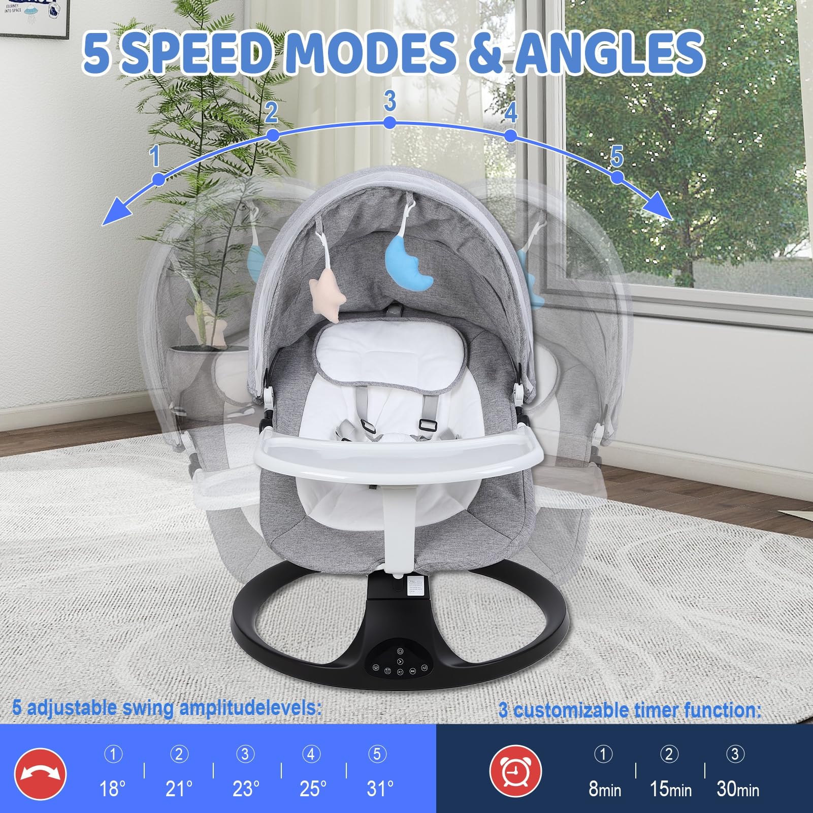 Transat Bébé Évolutif Balancelle Électrique avec Bluetooth/Télécommande - Harnais 5 Points, Mouvement Up-Down, Pare-Soleil et Alimentation Piles/Secteur - Transat Balancelle Bébé 0-24