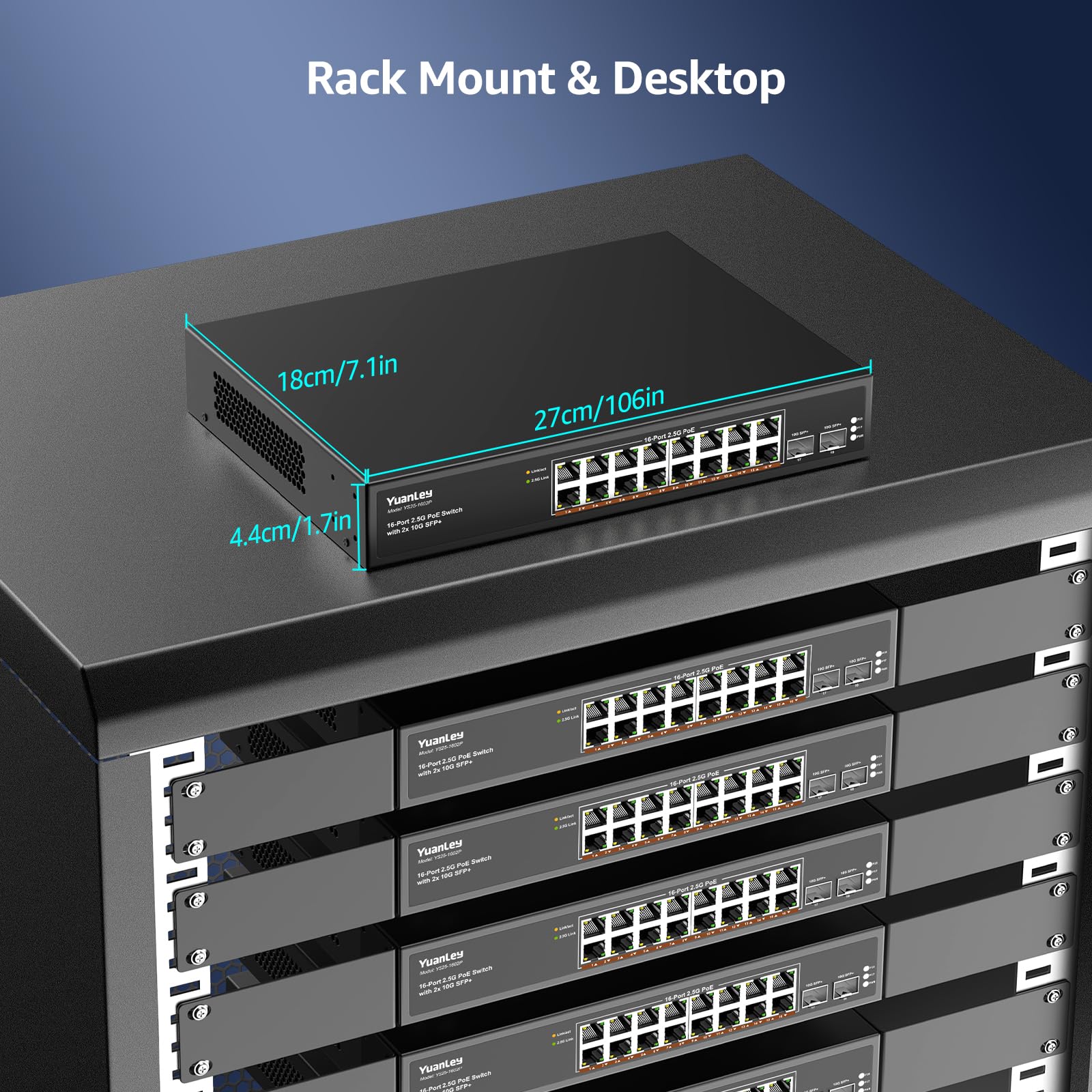 YuanLey 18-portowy przełącznik PoE 2,5 G, niezarządzany, 16 x 2,5 G Base-T porty PoE, 2 x 10G SFP+, IEEE802.3af/at, 250 W, kompatybilny z 100/1000/2500Mbps, metalowa obudowa, montaż na biurku/stelażu