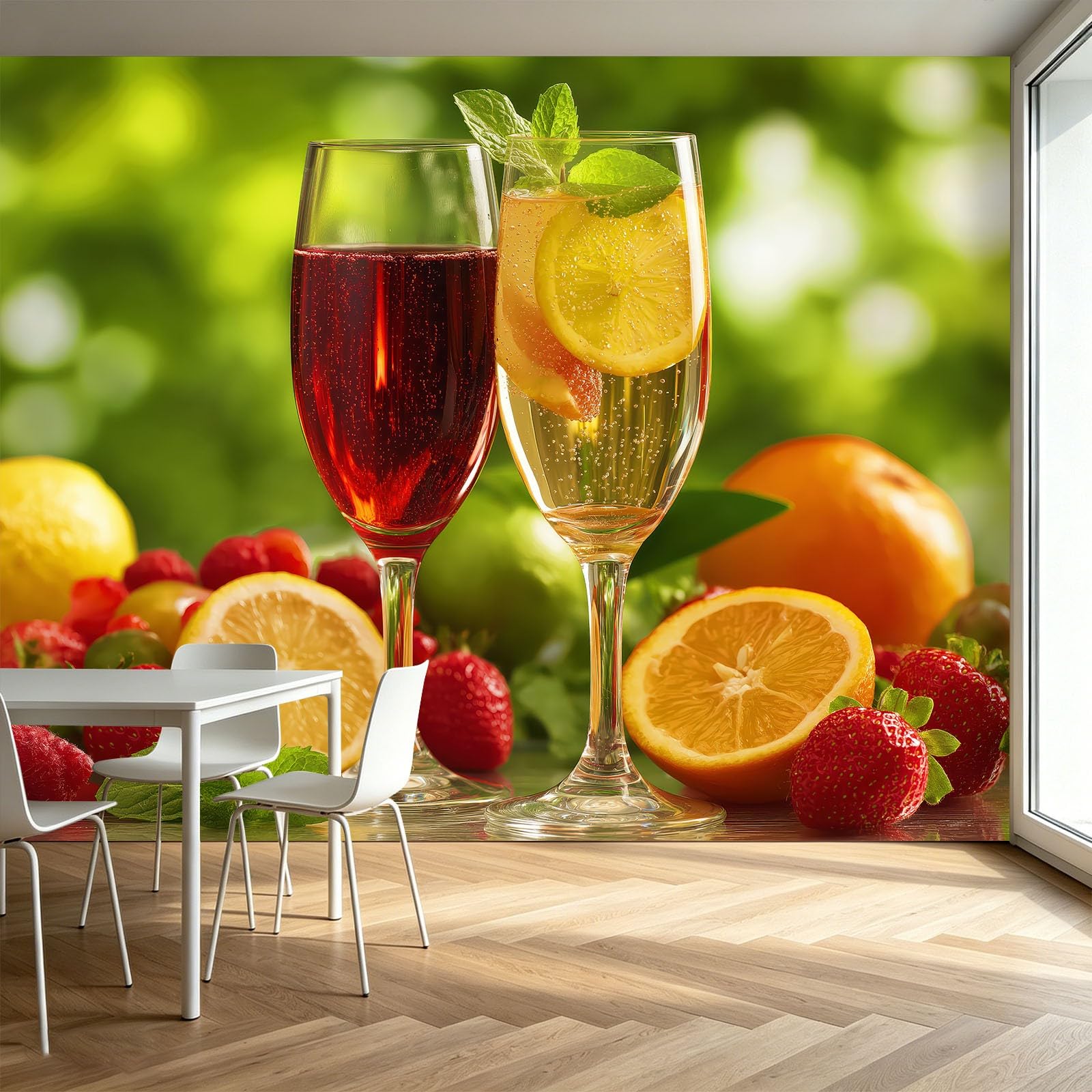 Tapeta 3D owoce wino 250 x 175 cm mural ścienny, na letnie napoje, kuchnia, bar, jadalnia, flizelina, fototapeta, funkcja premium