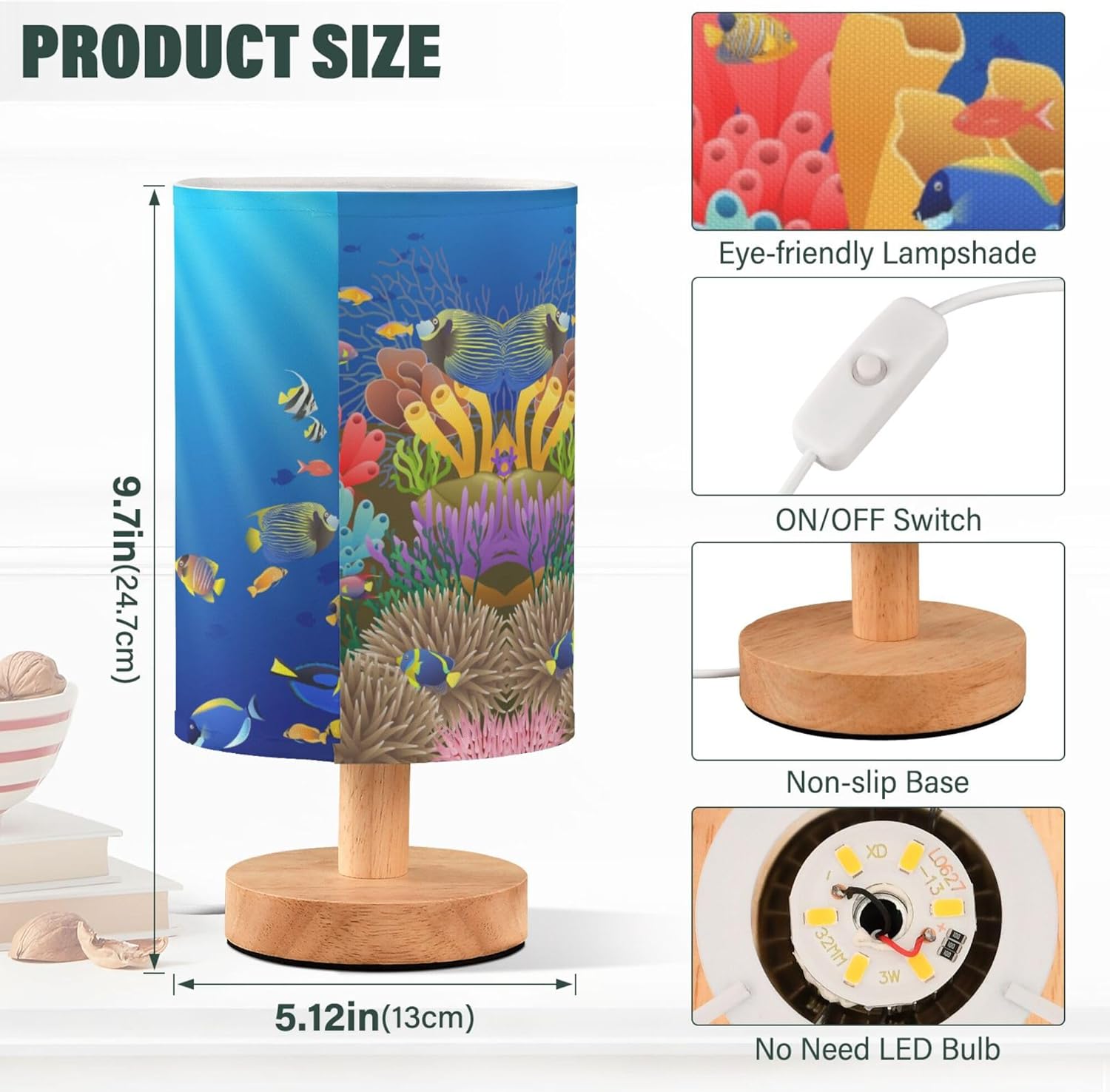 Table Lamp Underwater Sea Fish Coral Ocean Sunshine Nightstand Lamp with Wood Base Fabric Lamp Shade Bedside Desk Lamp for Living Room Bedroom Kids Room Office
