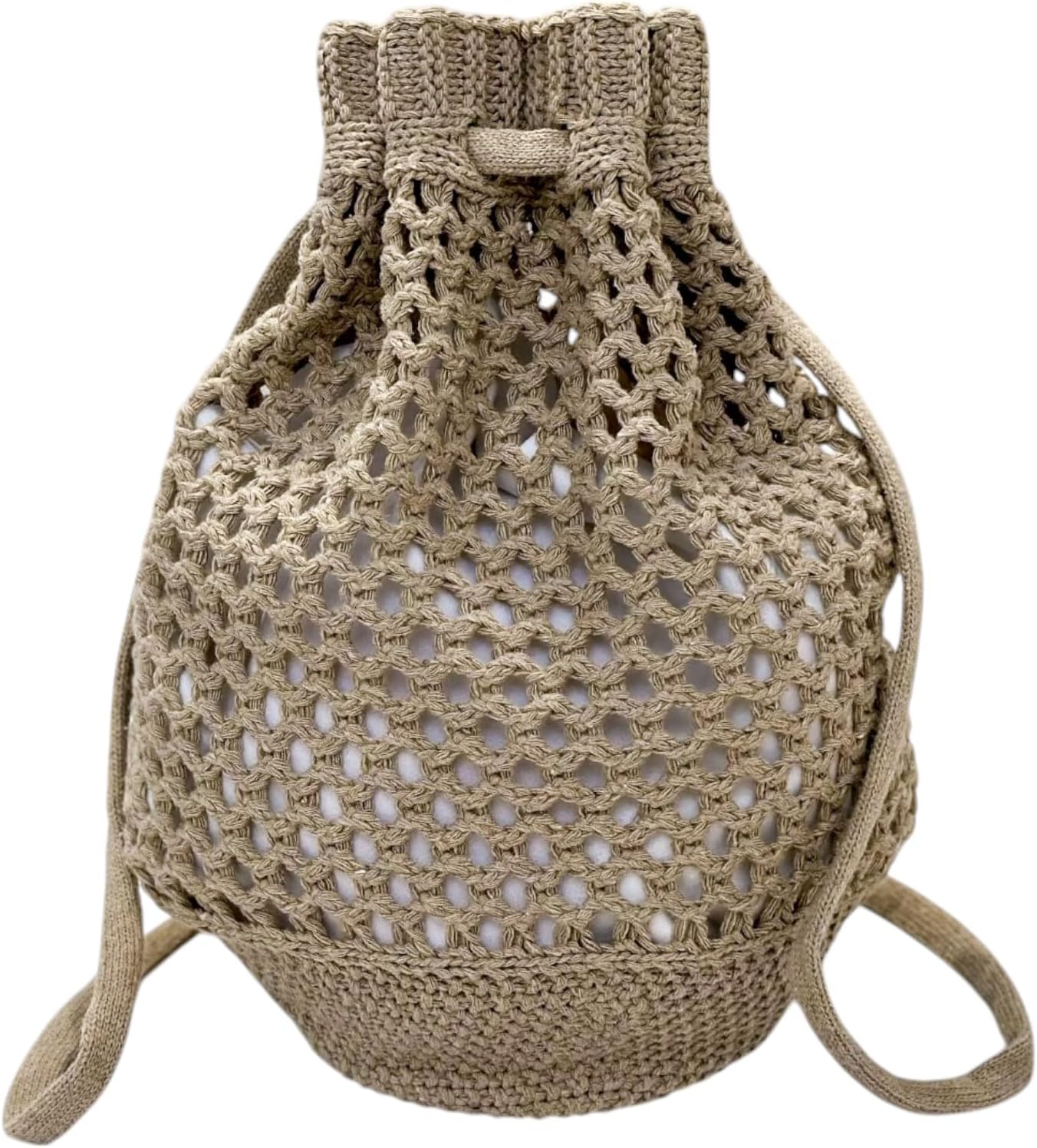 ENBEI Small Crochet drawstring Backpack Handmade crochet Purse for Beach,Travel, Beach Bag for Women,Lightweight Mesh Bag (khaki)