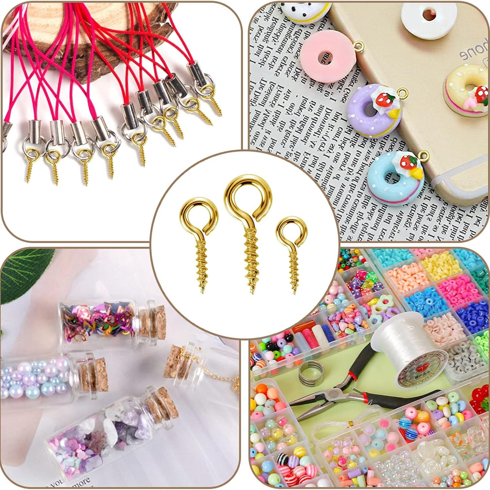 300 tornillos pequeños con ojal, tornillos de ojal con rosca de madera, ganchos de acero inoxidable para fabricación de joyas, manualidades, madera, manualidades, muebles (12, 10 y 8 mm, dorado