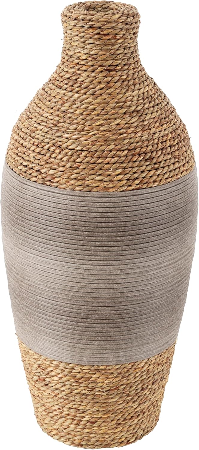 Deco 79 Seagrass Handmade Decorative Vase Teardrop Wrapped Centerpiece Vase with Layered Gray Paneling, Vase for Home Decoration 8" x 8" x 19", Brown