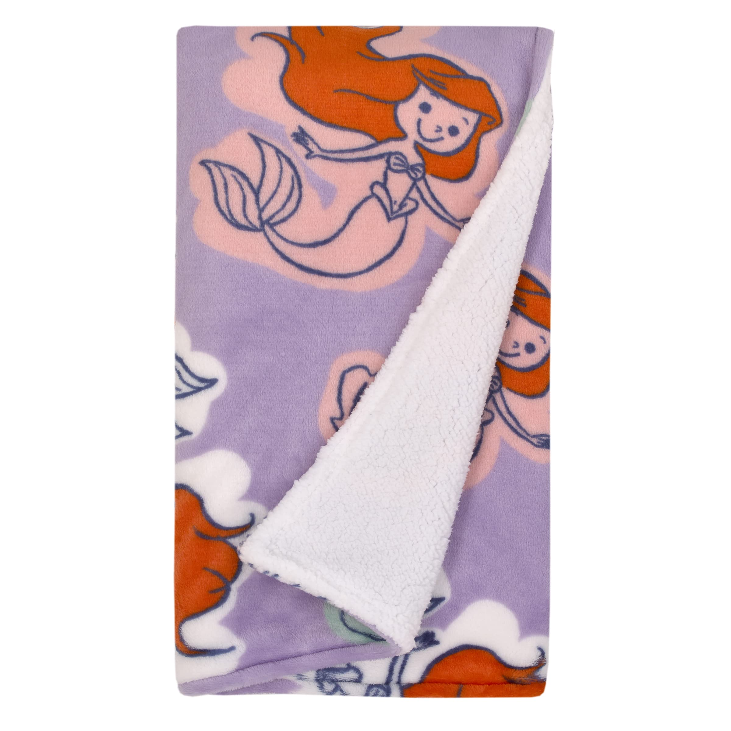 NoJo Disney The Little Mermaid Orange, Lavender, Aqua and White Ariel Super Soft Sherpa Baby Blanket