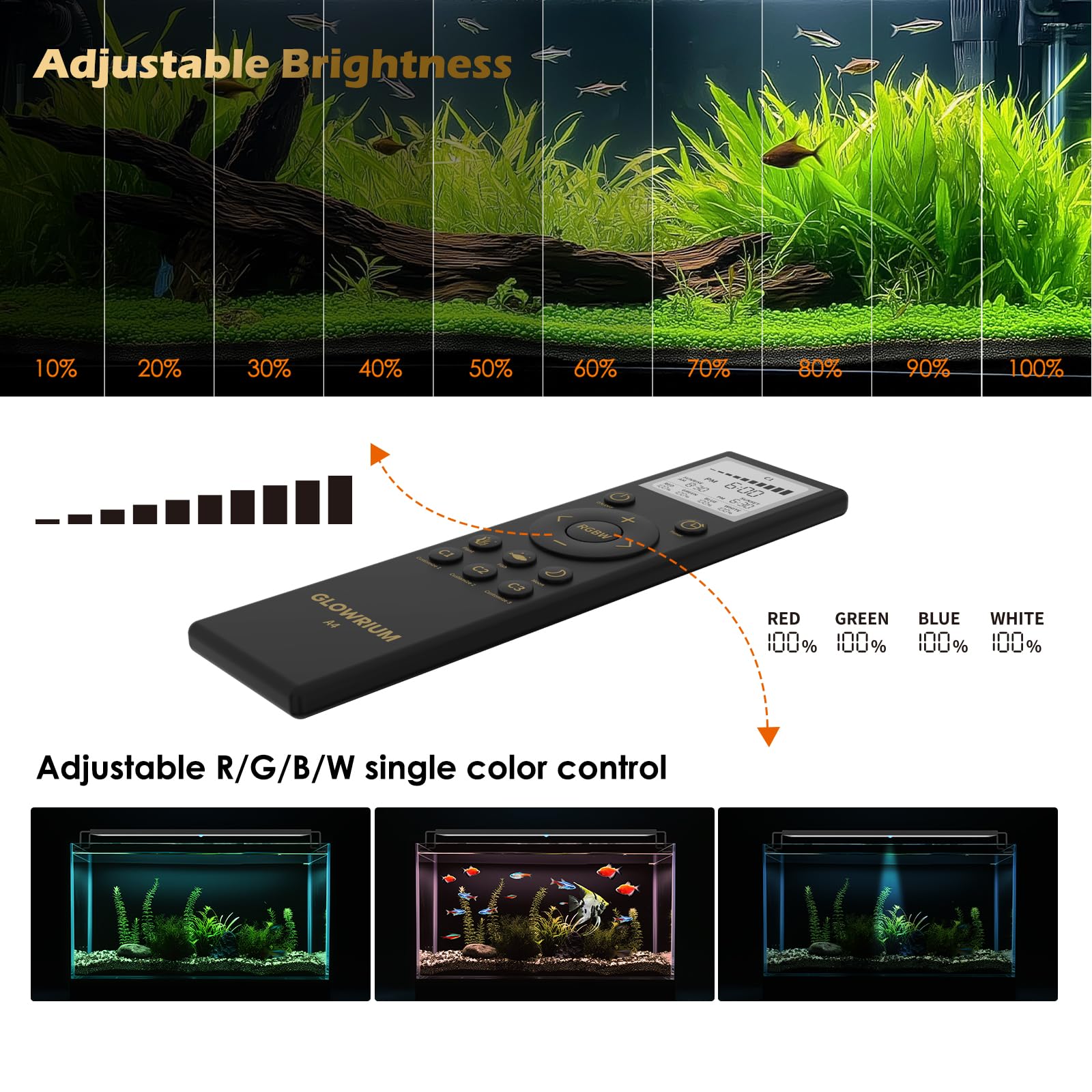 GLOWRIUM LED Aquarium Light with Remote, Full Spectrum Fish Tank Light with Auto Timer, IP67 Waterproof Freshwater Planted Tank Light, Dimmable RGB+W+Moon LEDs with High Performance (12W 18-23inch)