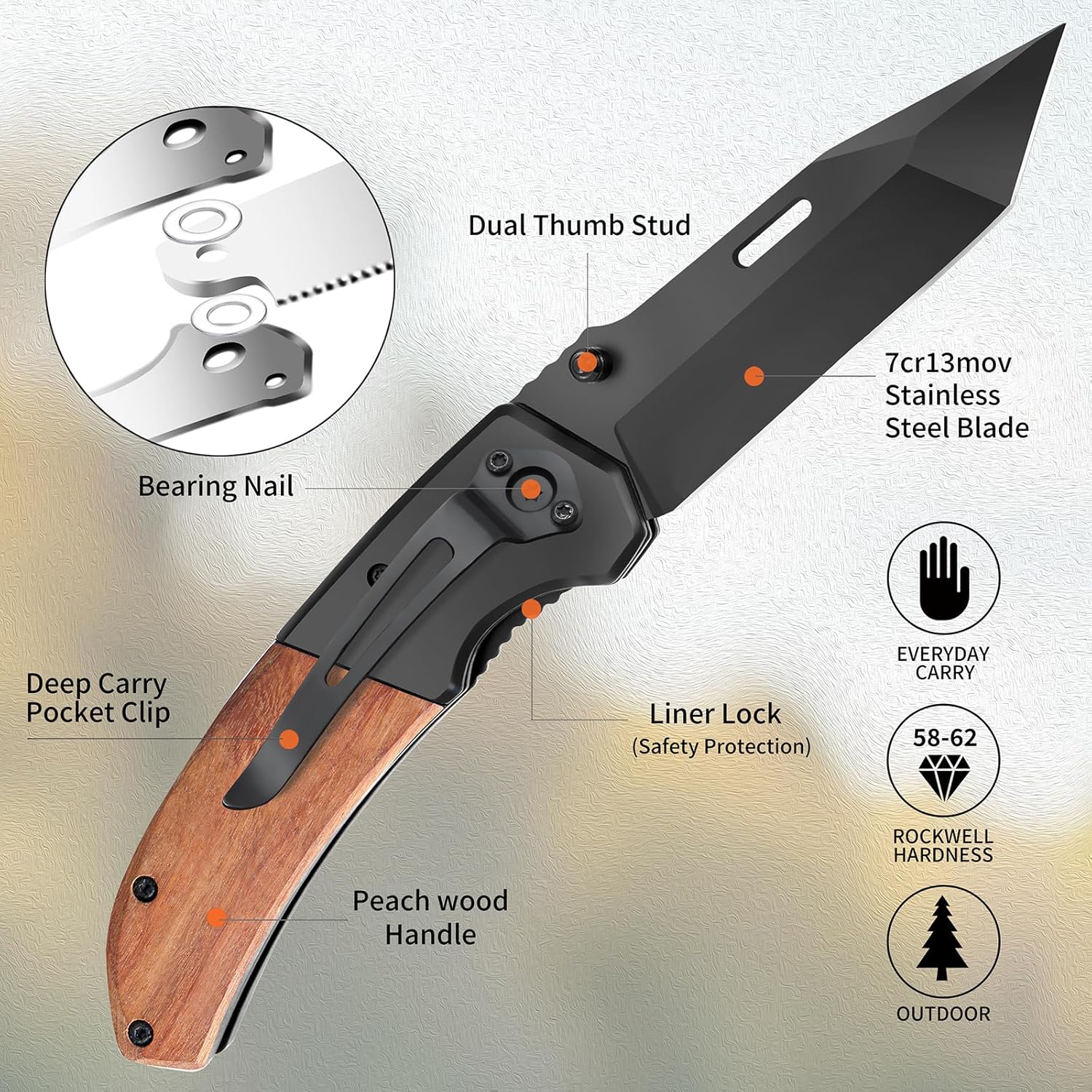 Vickay Pocket Knife, Folding Knife with Clip - 3.54″ Steel Blade, Wood Handle EDC Knife for Men & Women, Outdoor Camping, Hunting, Hiking, Fishing - Father’s Day Gift (Black)
