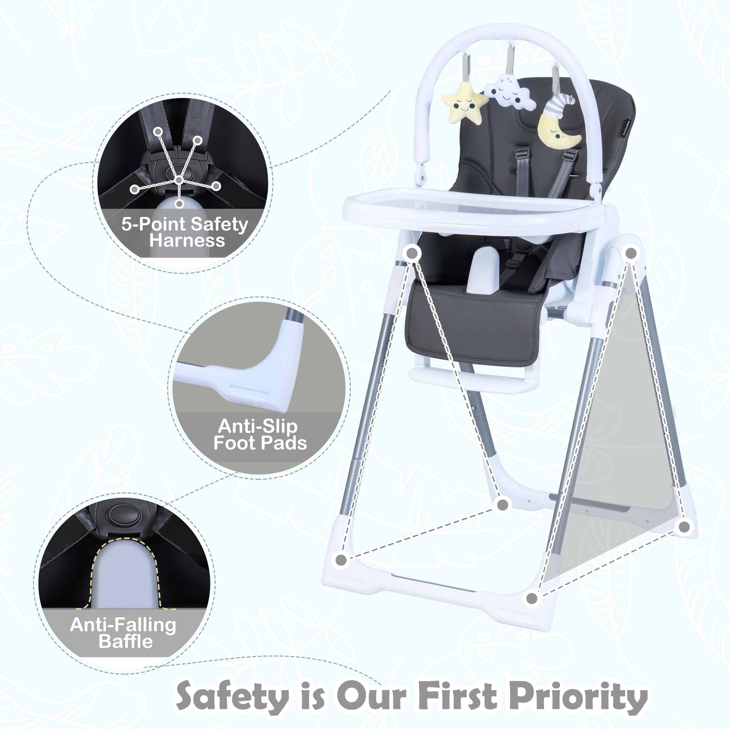LIFEZEAL Trona Evolutiva para Niños de 6 a 36 Meses, Silla Alta Plegable Reclinable con Altura Ajustable, Cinturón de Seguridad de 5 Puntos, Doble Bandeja Extraíble y Ruedas (Gris oscuro)
