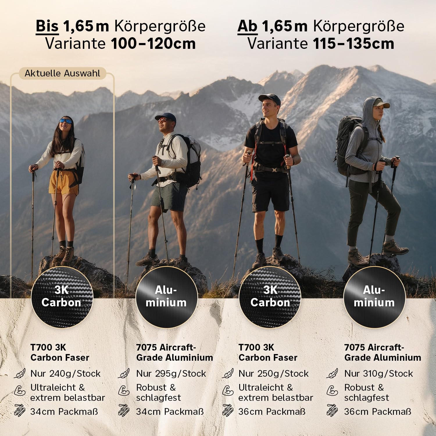 Bâtons de randonnée pliables en carbone et aluminium (seulement 240 g/295 g) avec poignée en liège | Bâtons de trekking ultra légers et réglables en continu pour la marche nordique, 115-135 cm/100-120 cm, pour homme et femme