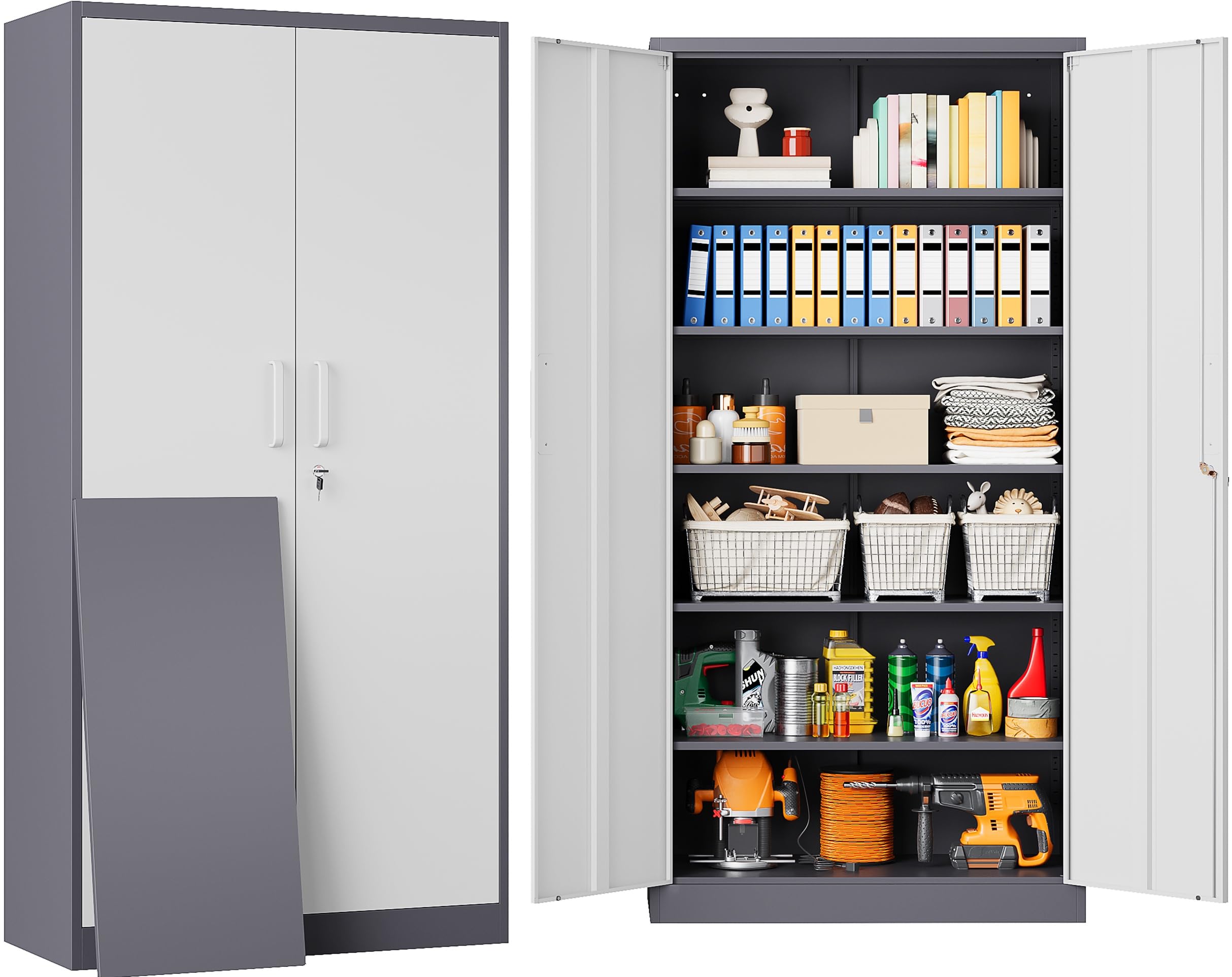Metal Storage Cabinet with 2 Doors and 6 Shelves,Gray White Metal Cabinet with Lock,71" Lockable Garage Storage Cabinets,Locking File Cabinet,Steel Tool Cabinets for Home,Office,Garage,Shop,School