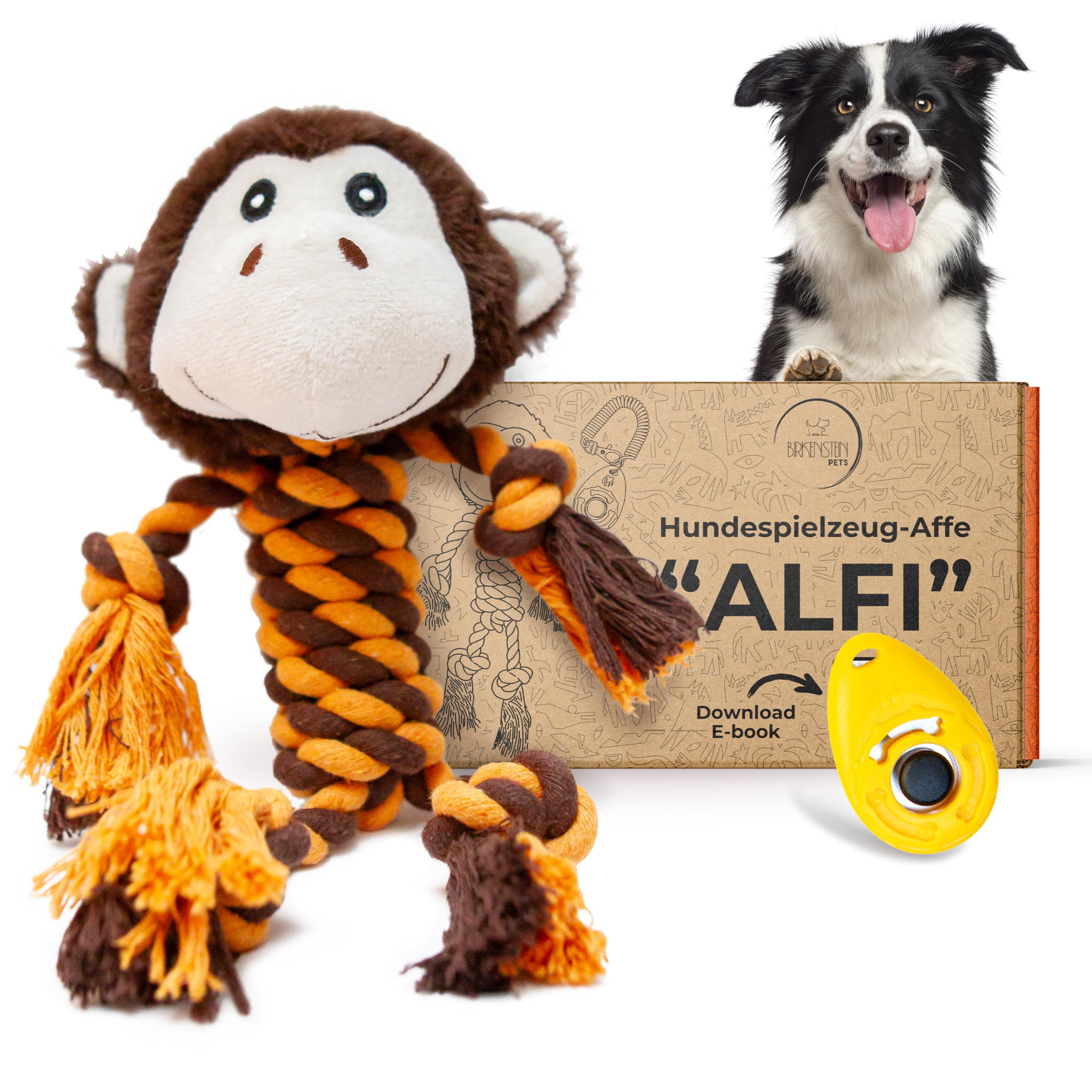 Birkenstein Alfi Dog Toy Monkey Dog Toy without Squeaking, Cuddly Toy Dog, Bite-Resistant