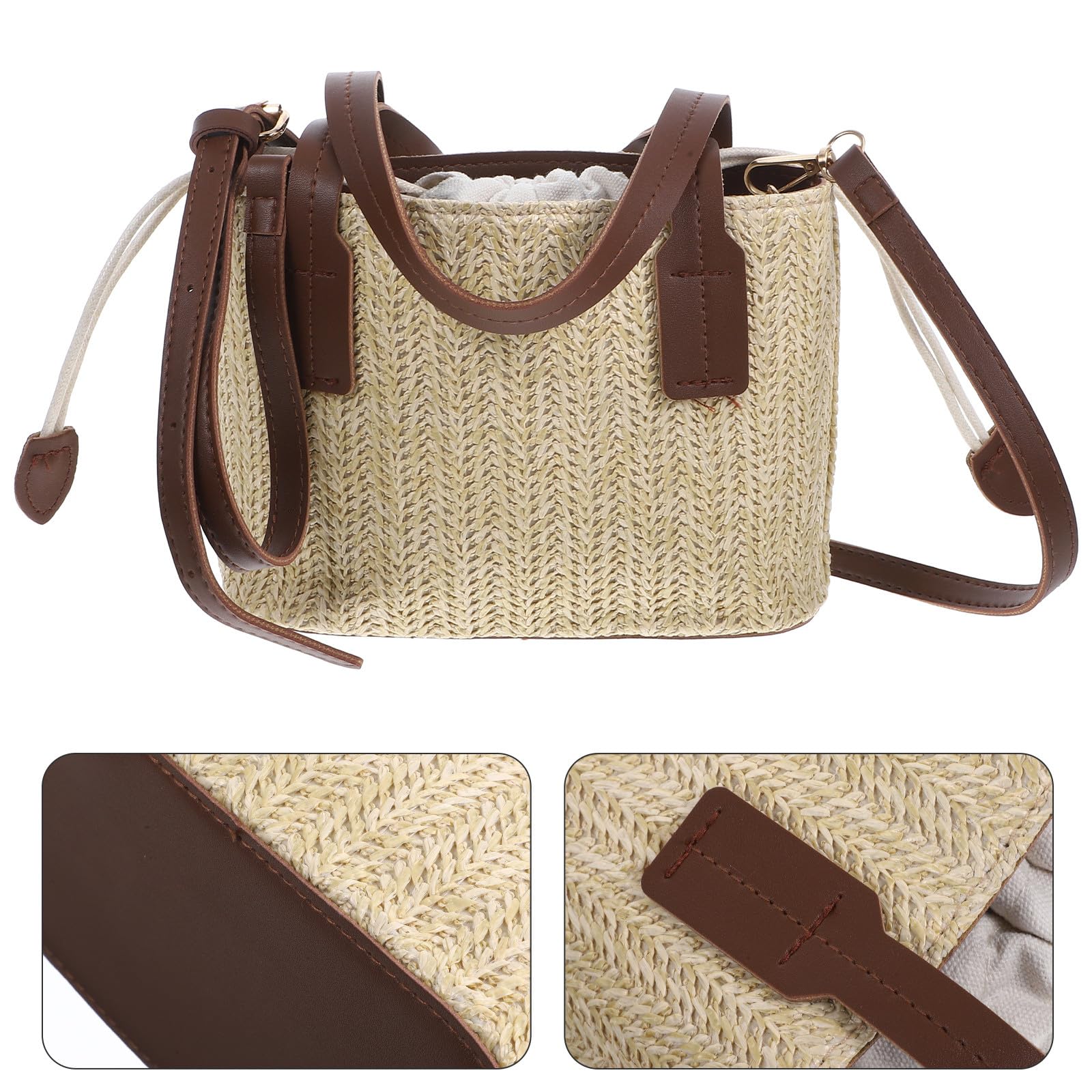 POPETPOP Borsa Secchiello in Paglia Intrecciata Grande Capacità e Tracolla Portatile, Stile Semplice e Moderno per Viaggi e Shopping Estivi