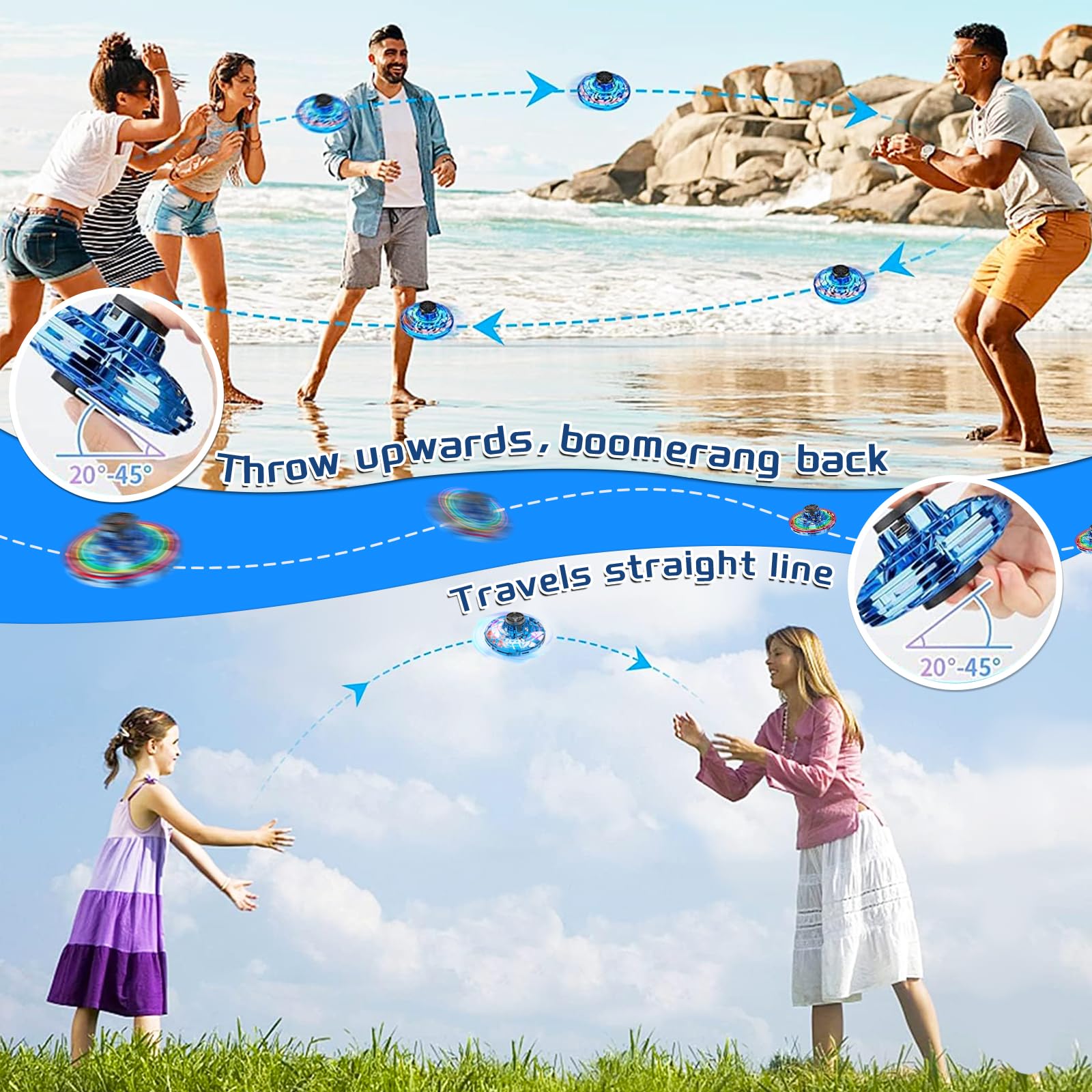 Mini latający dron Spinner, zabawka Fidget Spiner, latająca piłka z diodami LED, latający dron UFO Spin na świąteczny prezent urodzinowy dla chłopców i dziewcząt (niebieski)