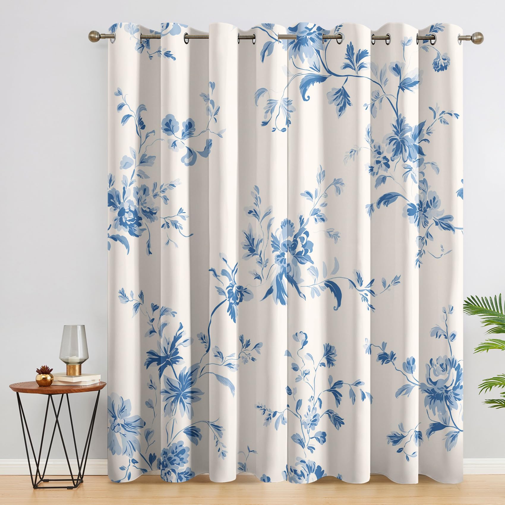 Blue Floral Curtains 90x108 Inch 2 Panels, 95% Blackout, Country Flower Curtains for Bedroom, Living Room, Home Decor, Thermal Insulated Eyelet Window Drapes RCN137