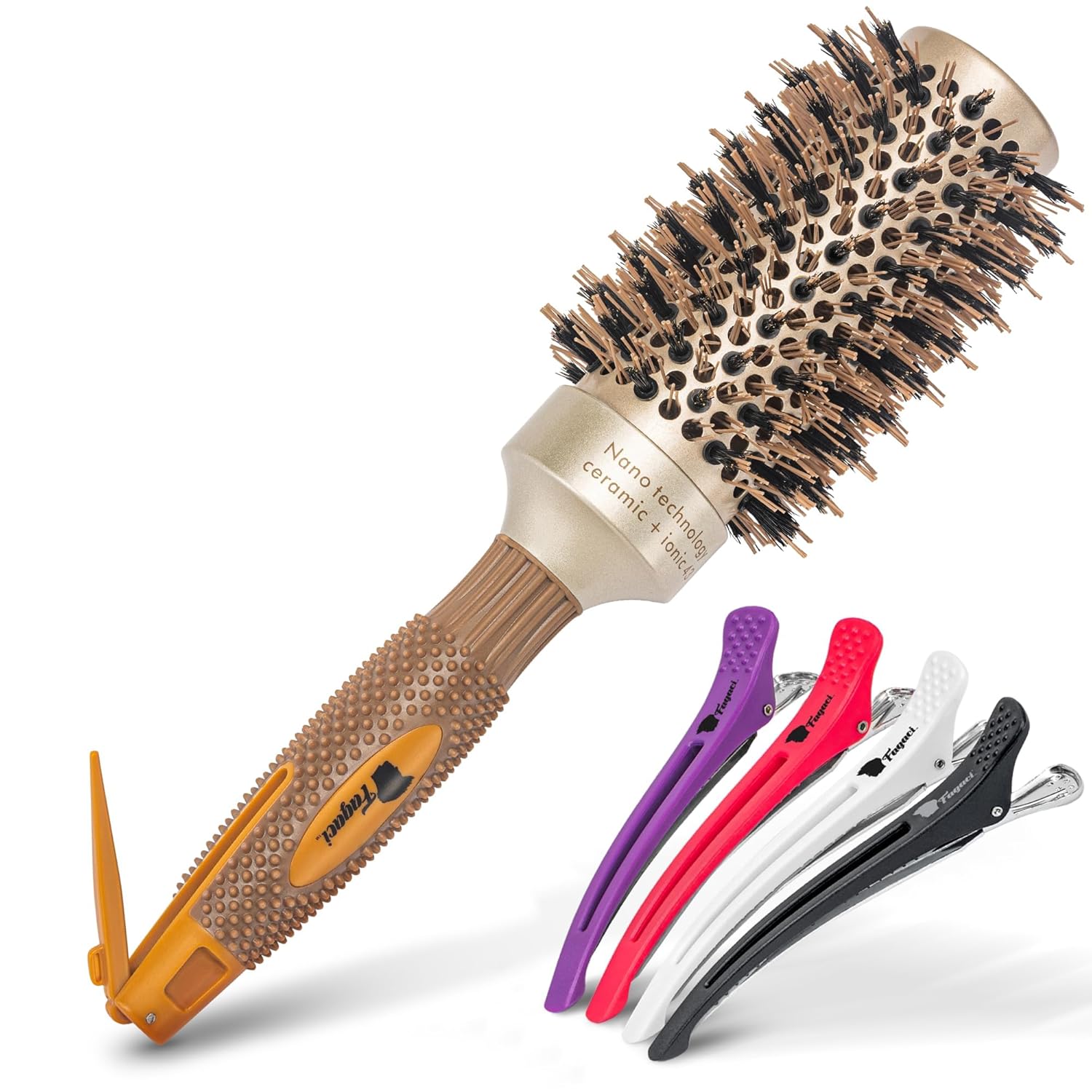 Fagaci Professional Round Brush with Natural Boar Bristle for Blow Drying, Nano Technology Ceramic + Ionic for Voluminous Healthy Hair Styling | Includes 4 Styling Clips 43mm - 1.7 Inch (2.9 Inch with Bristles)