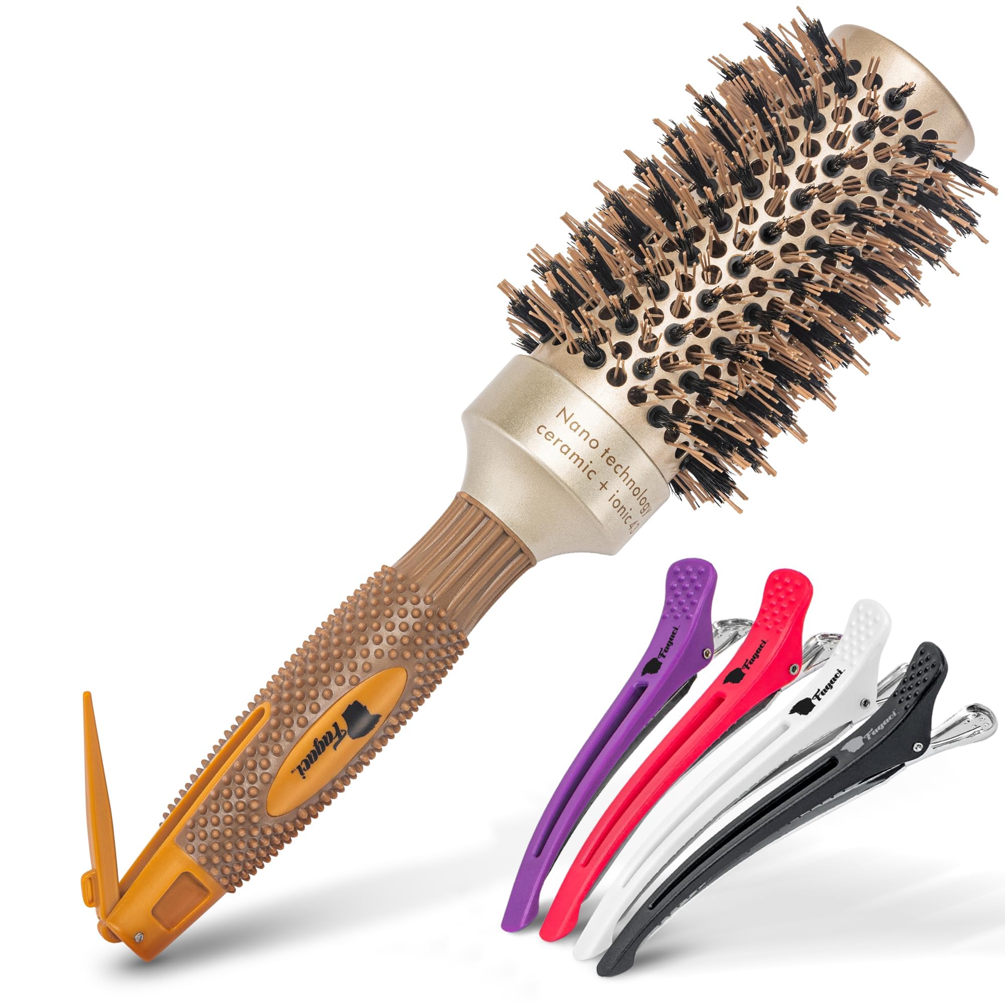 Fagaci Professional Round Brush with Natural Boar Bristle for Blow Drying, Nano Technology Ceramic + Ionic for Voluminous Healthy Hair Styling | Includes 4 Styling Clips 43mm - 1.7 Inch (2.9 Inch with Bristles)
