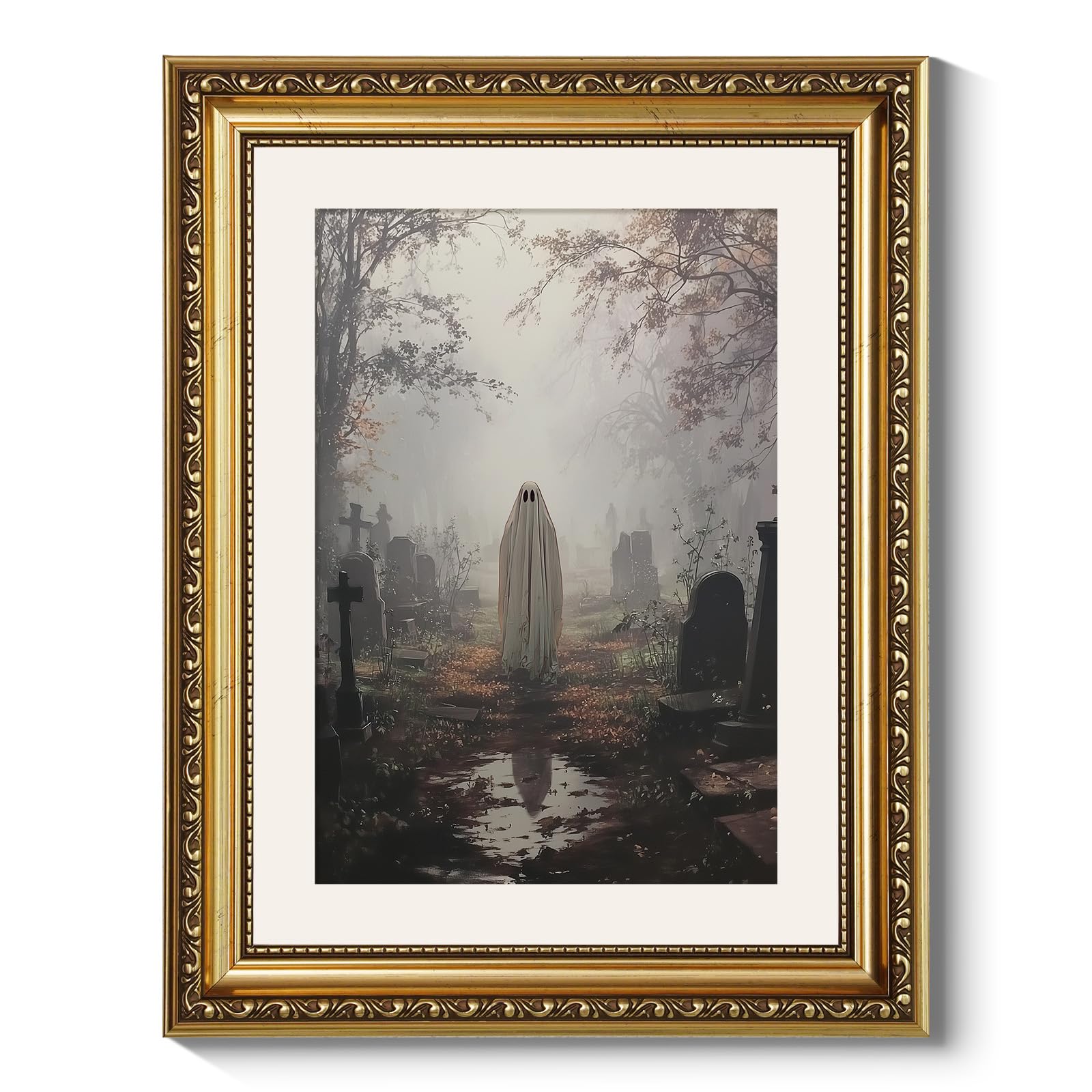 ARPEOTCY Gold Framed Canvas Art, Vintage Halloween Decor, 11x14 Inch, Foggy Graveyard Ghost, Spooky Ghost in Cemetery Decor, Gothic Dark Academia Fall Wall Art for Bedroom Living Room — image 1
