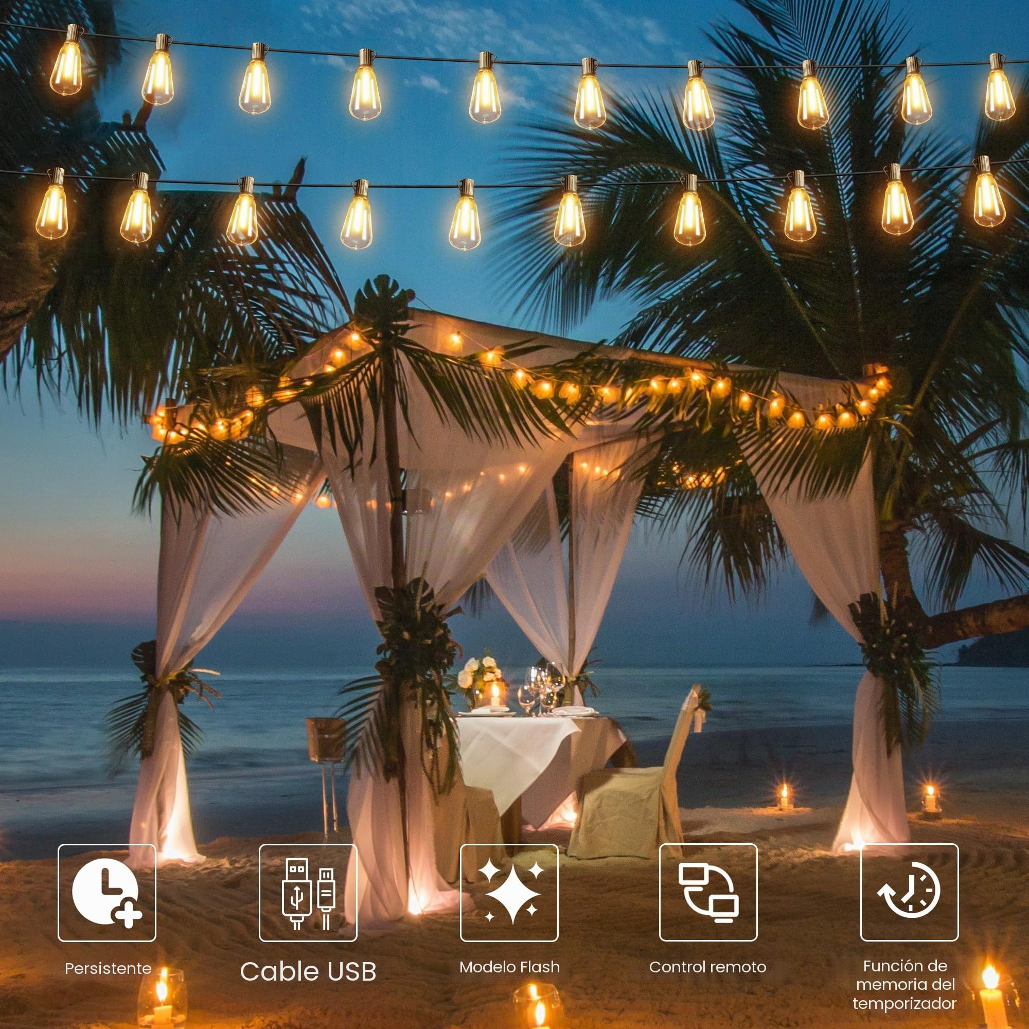 Torkase Cadena de luces solares para exteriores, 18 m, ST38, luces LED para exteriores, 25 + 2 bombillas de plástico, resistente al agua, IP44, para exteriores, jardín, terraza, bodas, árboles,