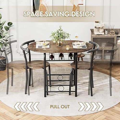 Miniatura 4 de Flamaker Mesa de comedor para 2, juego de mesa redonda y sillas de 3 piezas, mesa de cocina pequeña para desayuno, mesa de grano de madera y estante