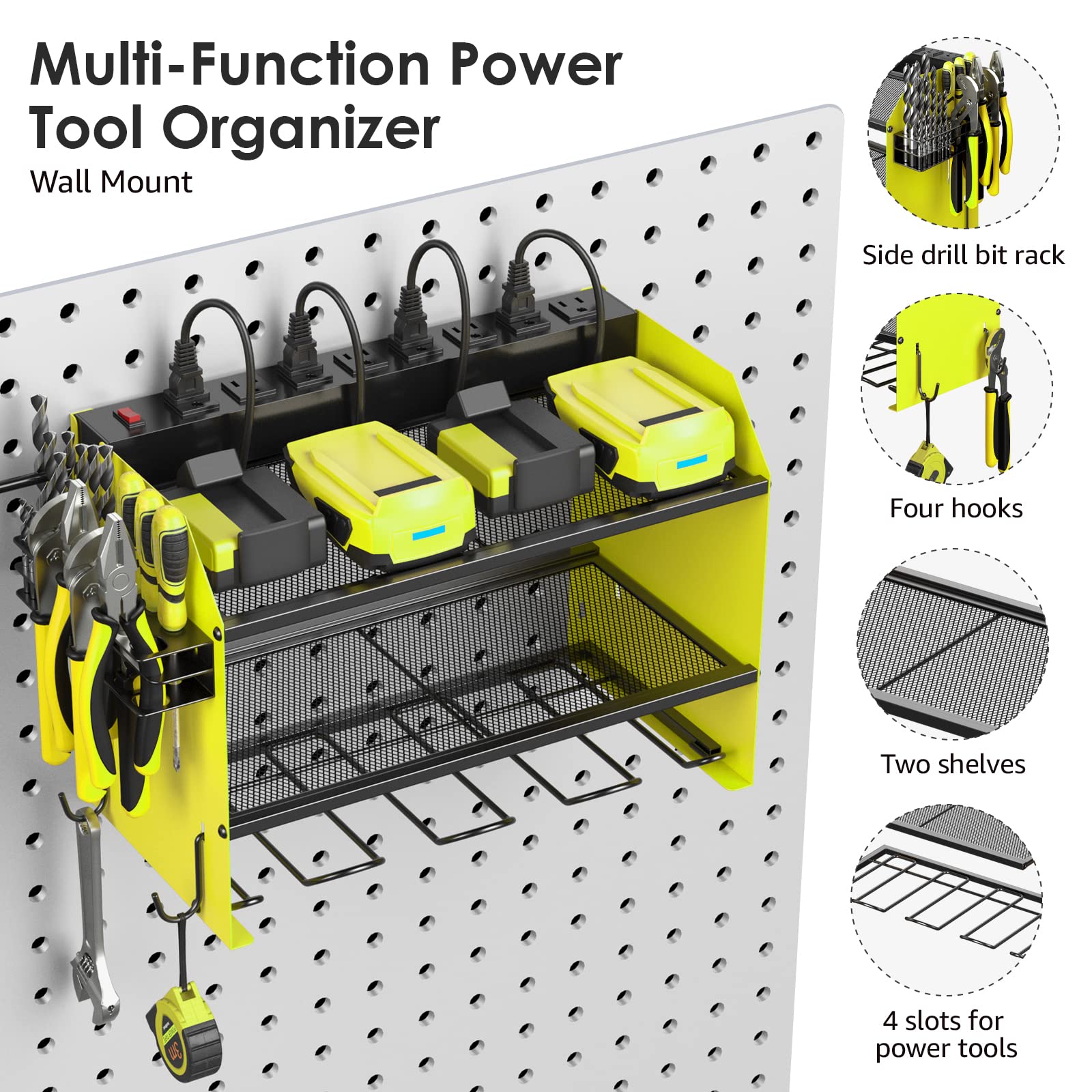 CCCEI Organizer modulare per utensili elettrici da parete con stazione di ricarica. Garage 4 Drill Storage Shelf con ganci, cacciavite, punta da trapano rack resistente, porta batteria per utensili