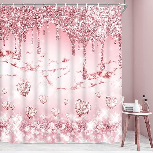 Miniatura 4 de Juego de cortinas de ducha con diamantes de corazón con purpurina, juego de baño rosa de lujo con cortina de ducha y alfombras, cortinas de ducha