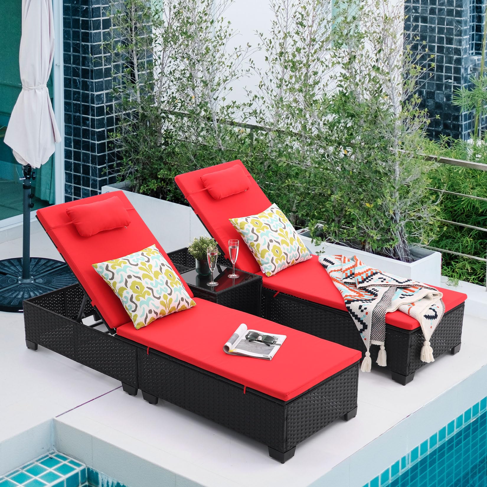 Siurciu Outdoor Patio PE Wicker Chaise Lounge Chairs Set of 3 Patio Black Rattan Reclining Chair Adjustable Backrest Pool Sunbathing Recliners with