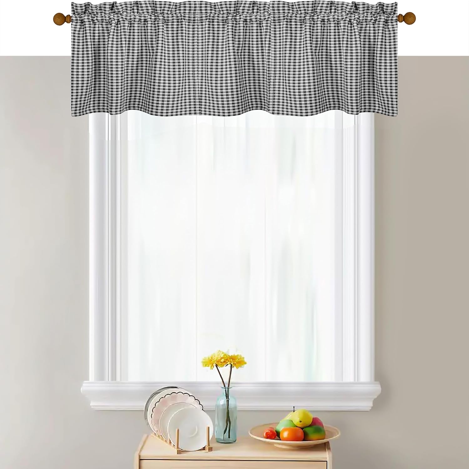 Mini Gingham Check Valance Curtains, 2 Pack, 54x18 Inches, 100% Cotton Rod Pocket Kitchen Window Valances for Farmhouse, Café, Bedroom, Bathroom and Living Room - Grey White