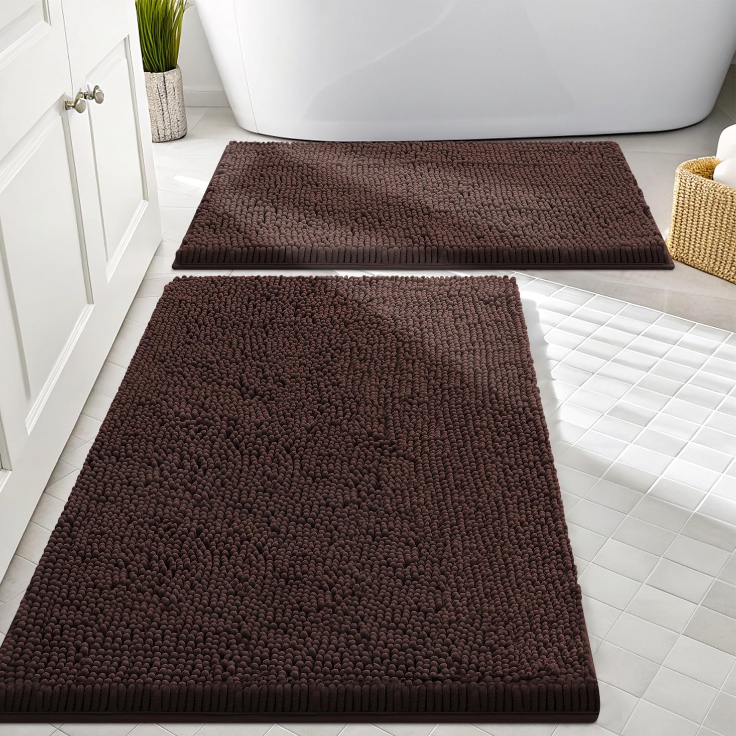 Smiry Chenille Bathroom Rugs Sets 2 Piece (30x20+24x16, Brown)