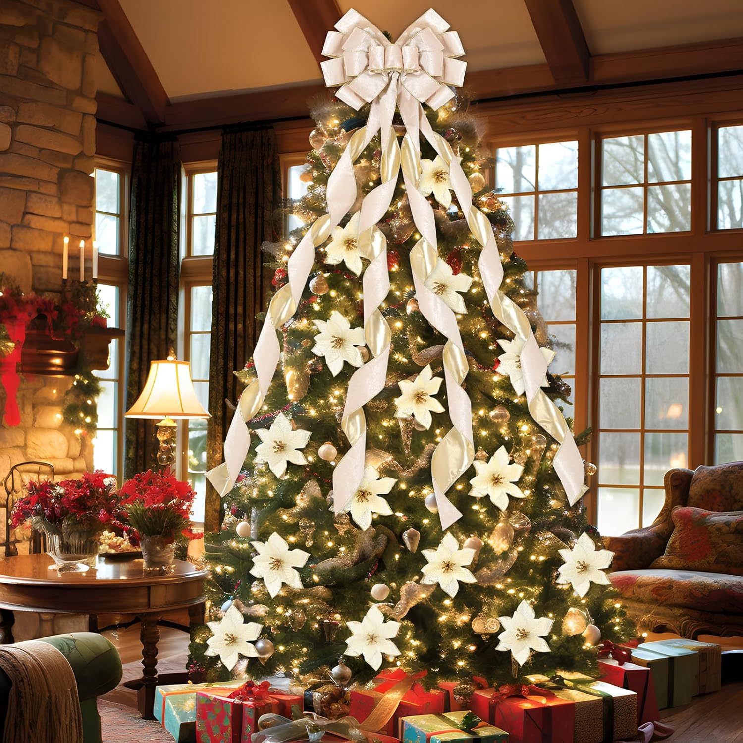 Dingion 48" x 13" Big Christmas Tree Topper Large Velvet Bow with Long Streamers Christmas Tree Ornaments with 8 Pcs 5.5 Inch Artificial Poinsettia Flowers Decorations for Xmas Decor(Red Golden)