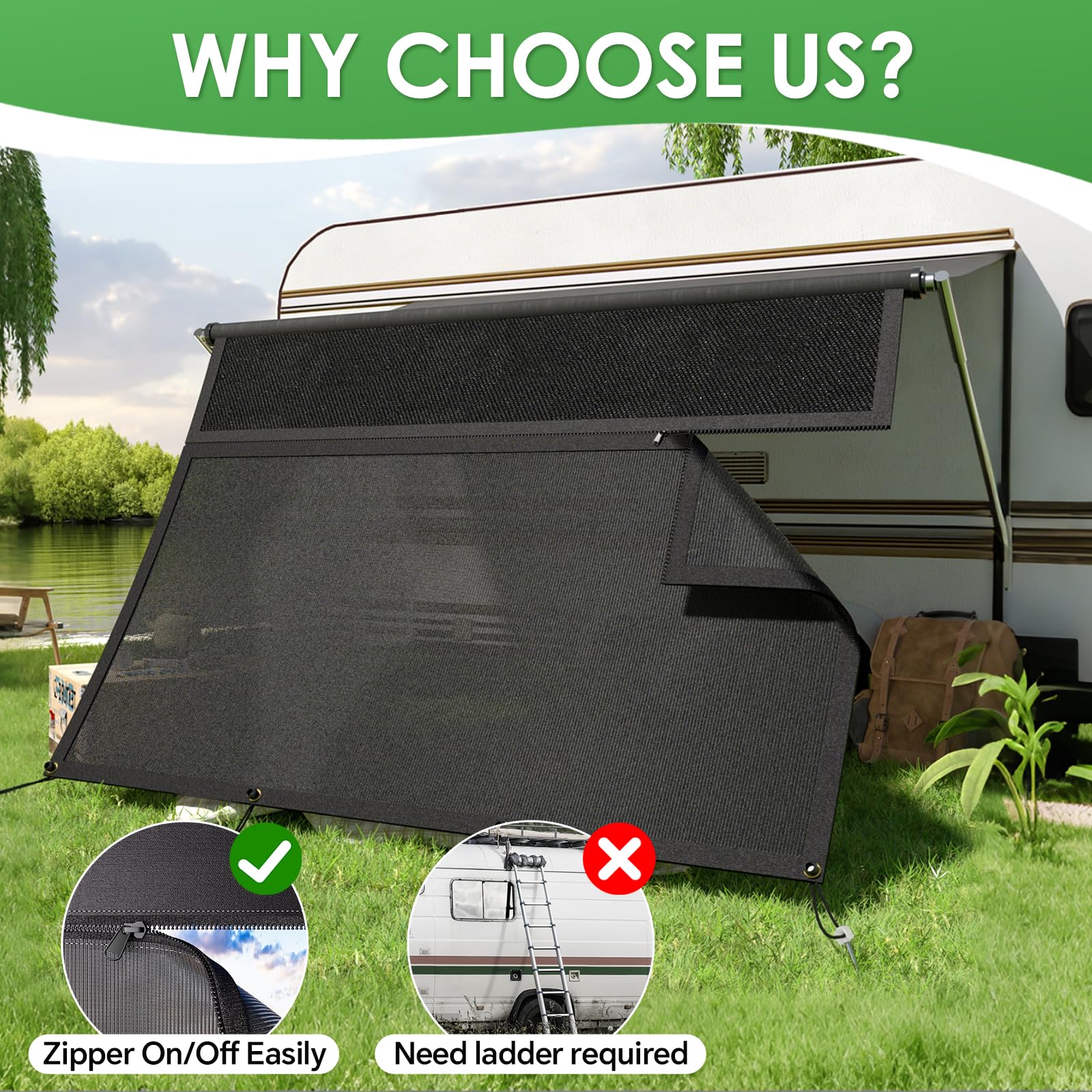 Wohnmobil Markise mit Reißverschluss Verstellbarem Panoramafenster(Stoff+Netz), Sicht- und Sonnenschutz, Universeller RV Markisen Sichtschutz mit Kompletten Kits, 2,2 m Hoch (2,85 m Breit)