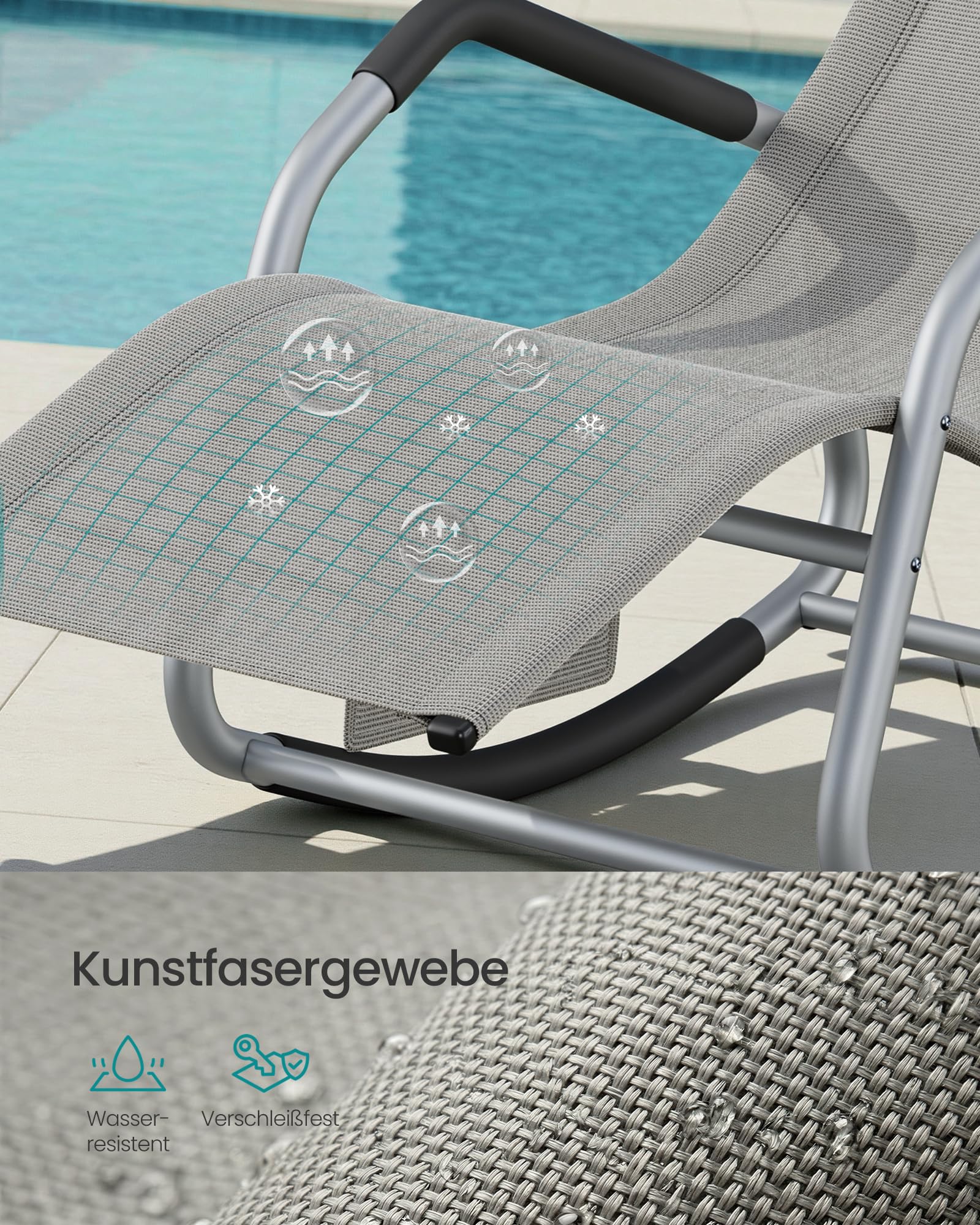 SONGMICS Schaukelliege, Liegestuhl, Schaukelstuhl, Stopper als Umkippschutz, verstellbare Kopfstütze, Stahlrahmen, atmungsaktiv, Seitentasche, für Garten, 151 x 56,2 x 97,3 cm, Taubengrau GCB230G01