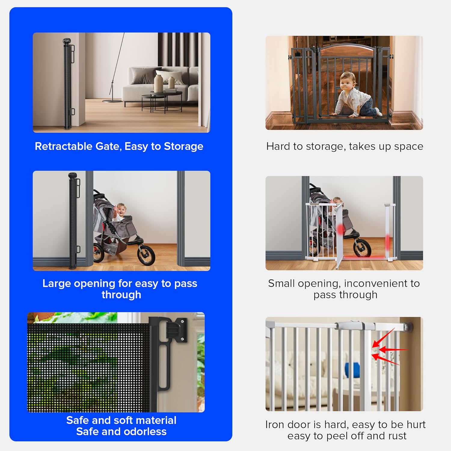 Retractable Baby Gates, 71" Wide Dog Gate, Mesh Pet Gate for Stairs, Door, Corridors, Bedrooms and Various Other Scenarios for Indoor or Outdoor