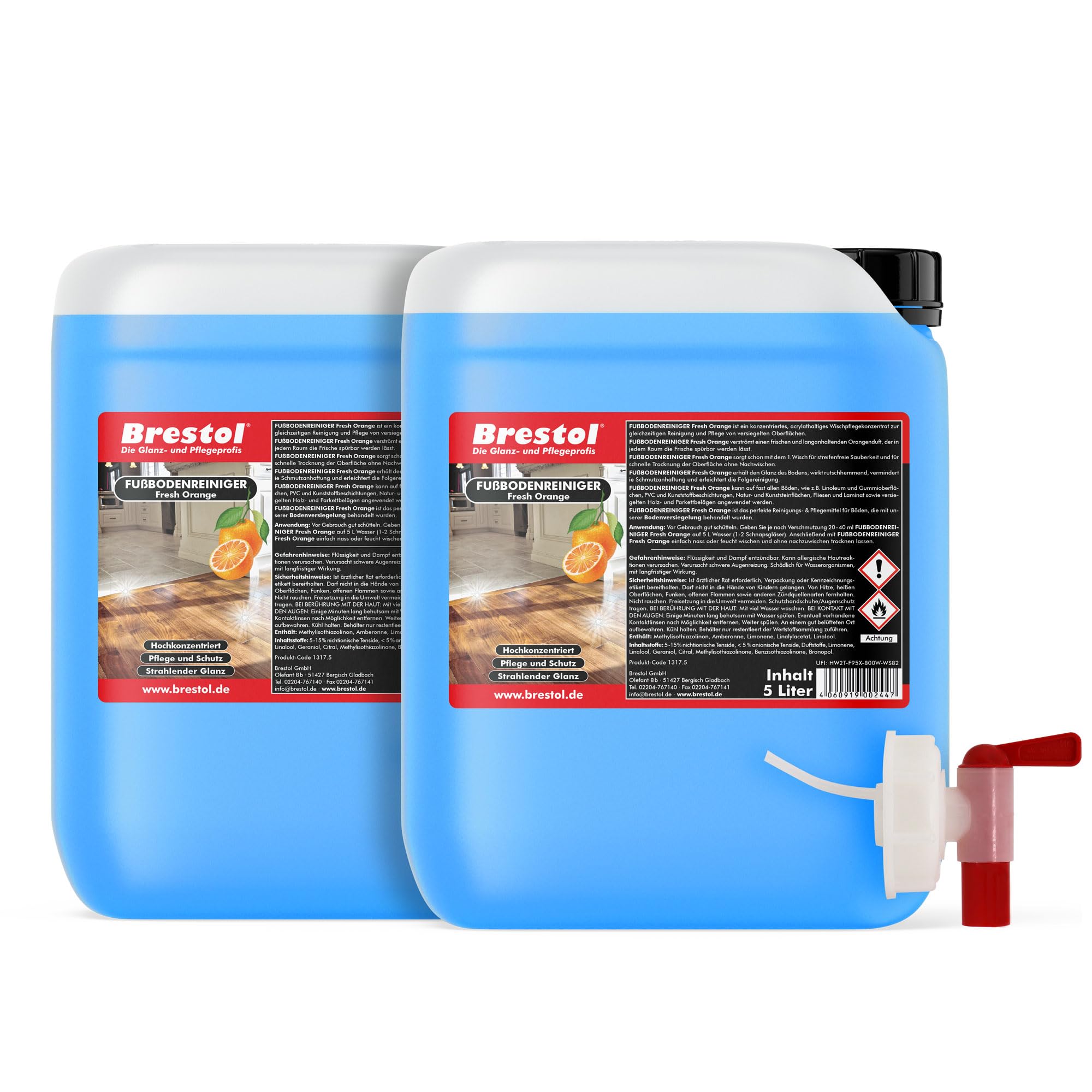 Limpiador de suelo Fresh Orange 2 x 5 litros, limpiador concentrado con agradable aroma a naranja para azulejos, laminado, parqué, piedra, PVC, linóleo, etc.